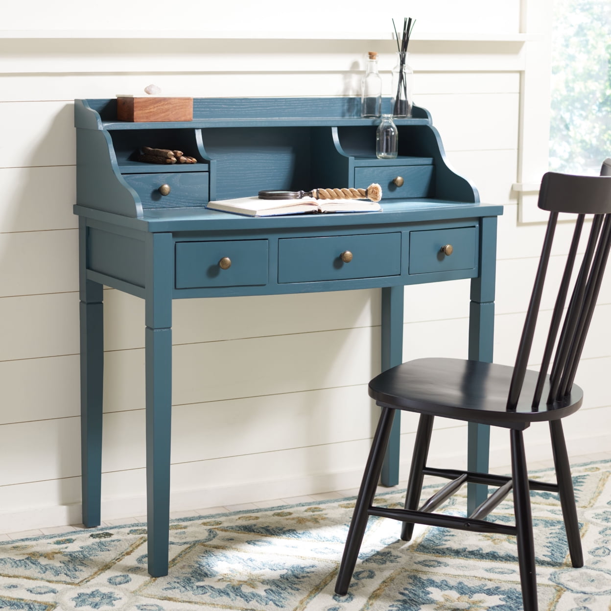 Slate Teal 5-Drawer Wood Writing Desk with Hutch