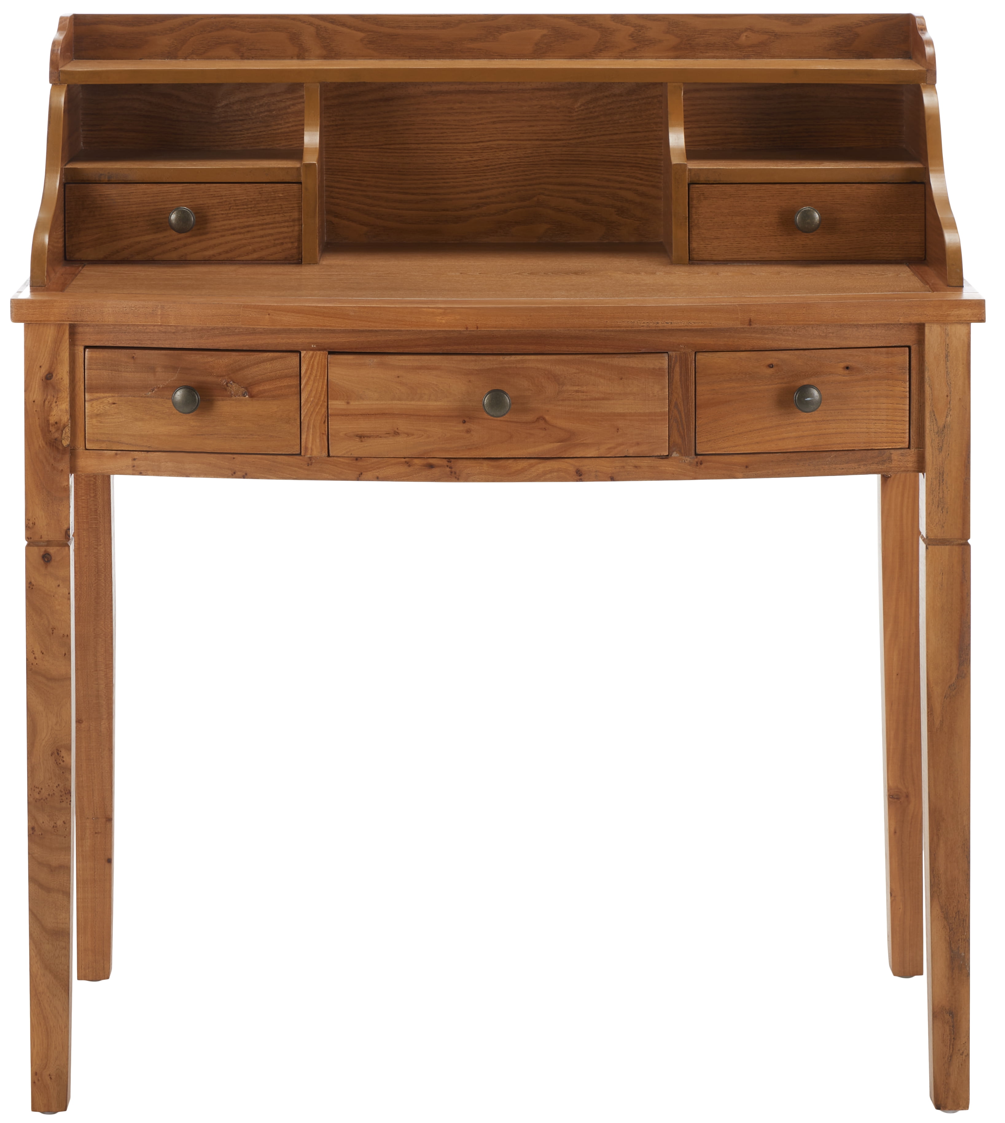 Transitional Oak 5-Drawer Writing Desk with Hutch and Cubbies