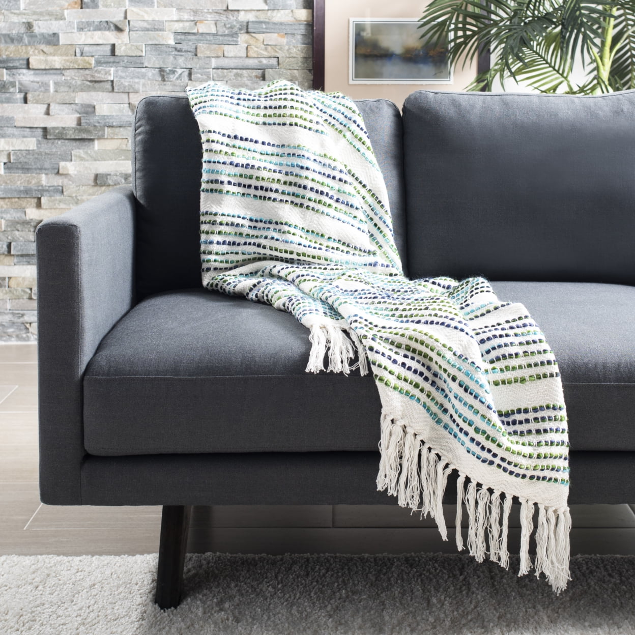 Landra Blue and Green Cotton Knitted Fringe Throw Blanket