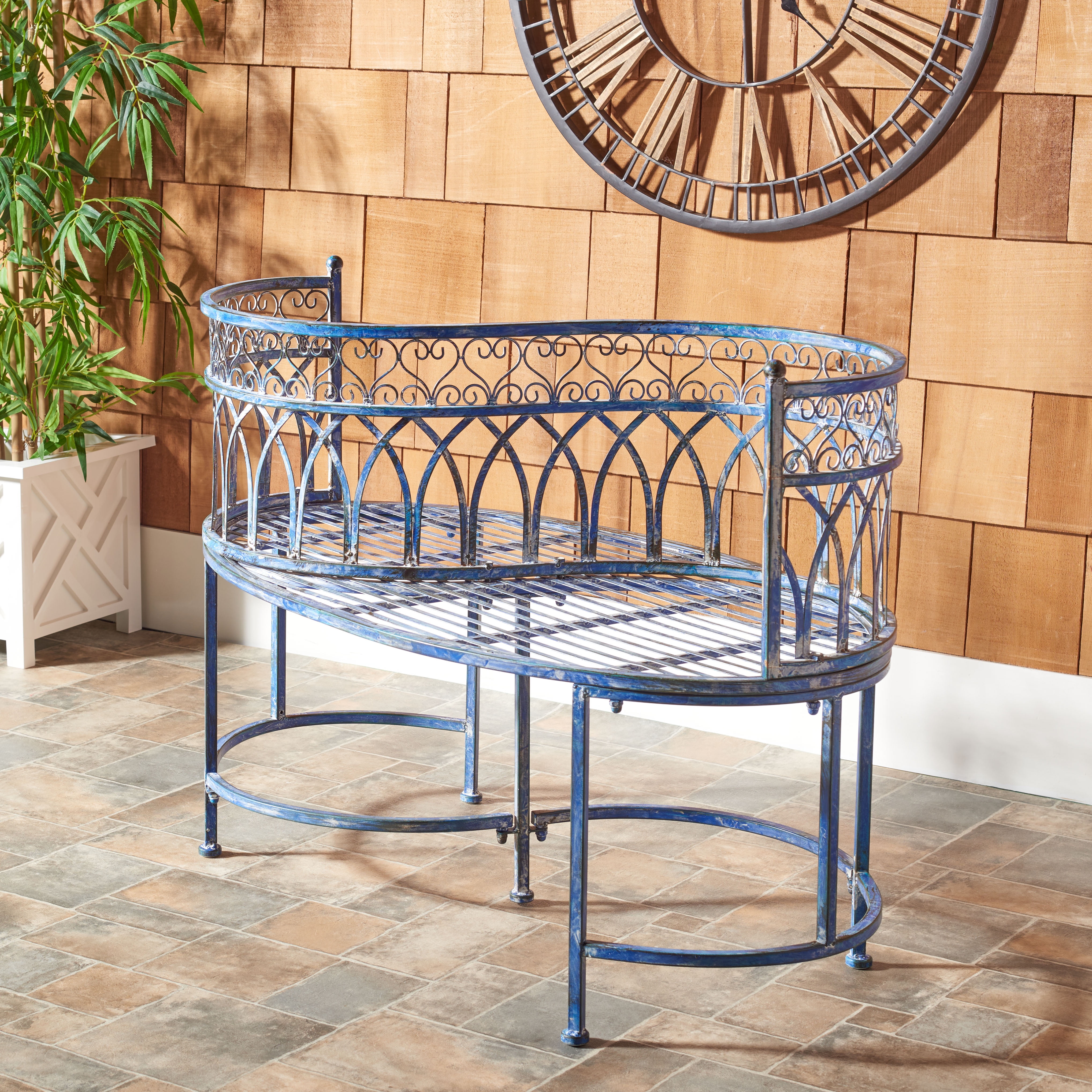 Antique Blue Iron Victorian Kissing Garden Bench