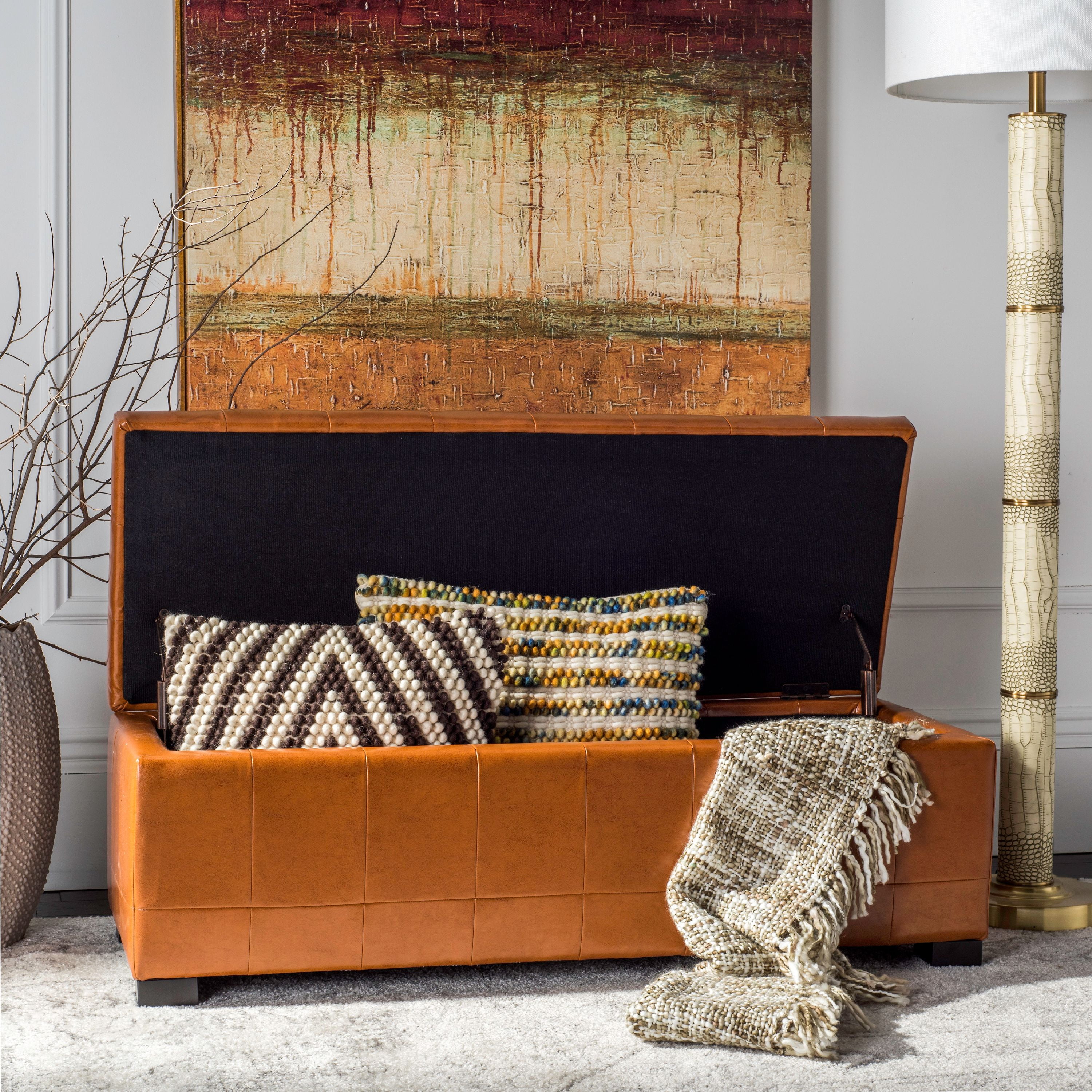 Transitional Saddle Brown Tufted Storage Bench with Beech Wood Frame