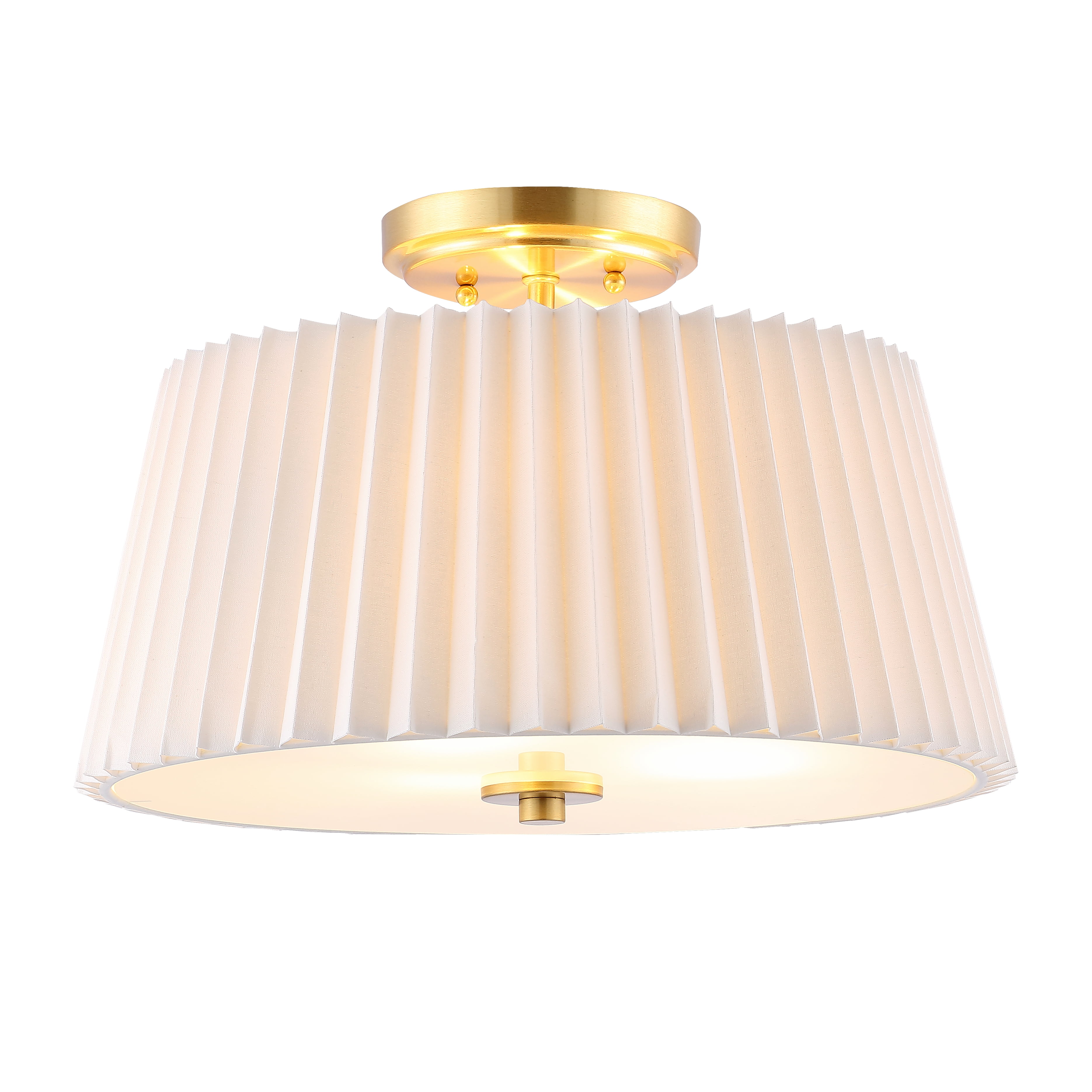 White Pleated Fabric Drum Flush Mount with Brass Gold Accents