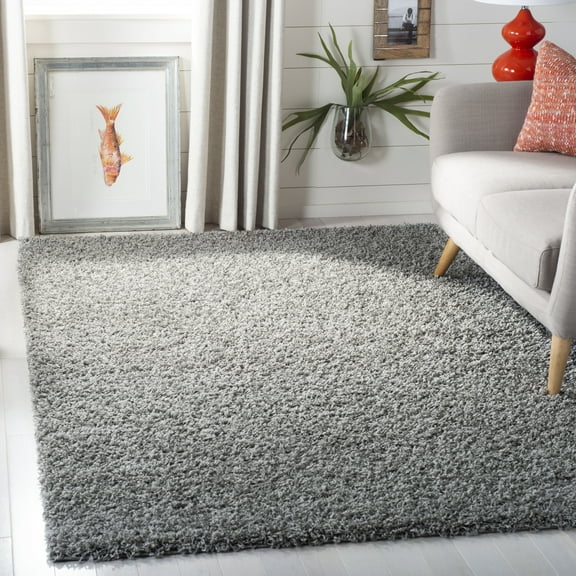 SAFAVIEH Lavena Solid Plush Shag Area Rug, Light Grey, 6'7" x 6'7" Square