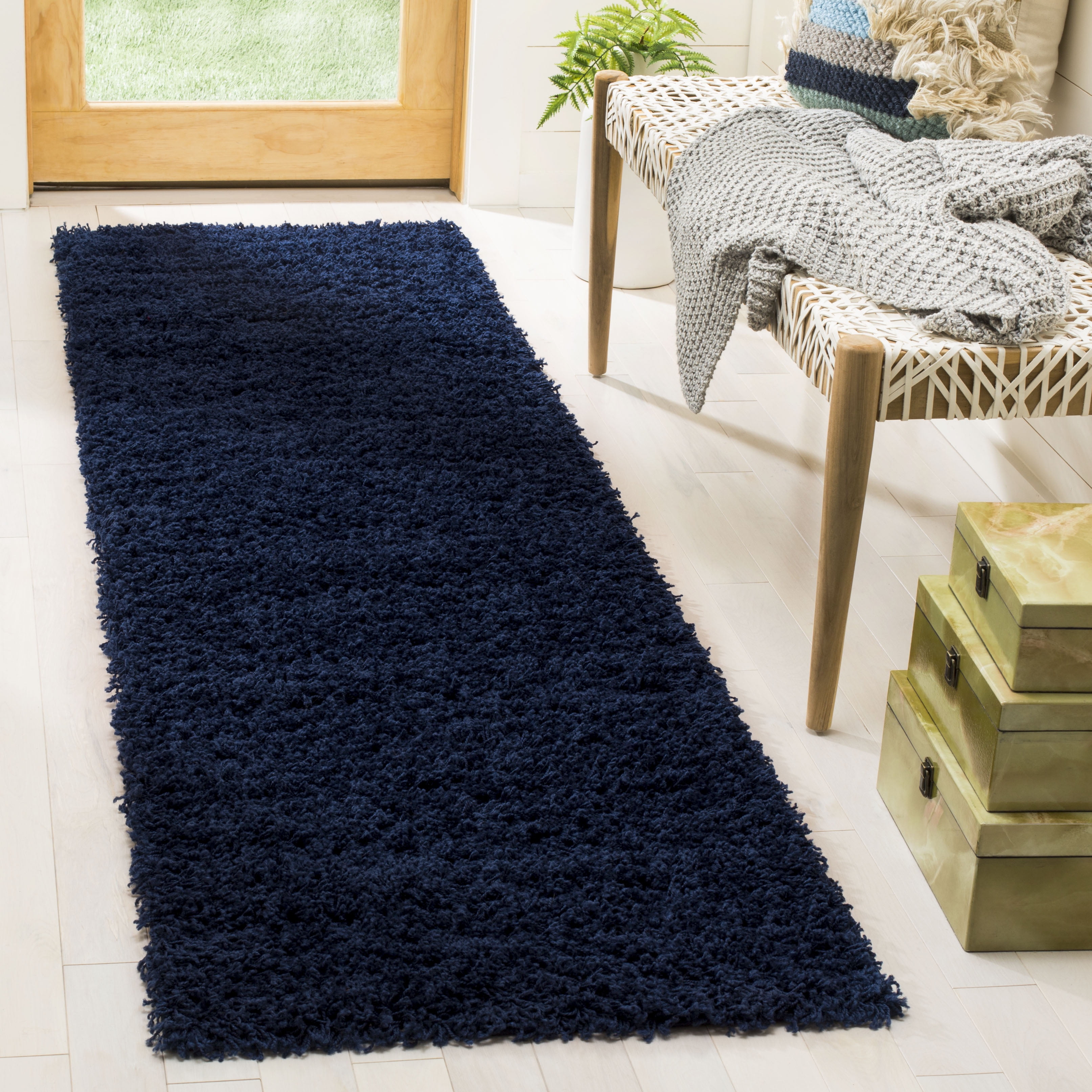Navy Synthetic Shag Runner Rug, 2'3" x 8'