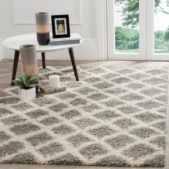 SAFAVIEH Layla Geometric Plush Shag Area Rug, Grey/Ivory, 6' x 6' Square