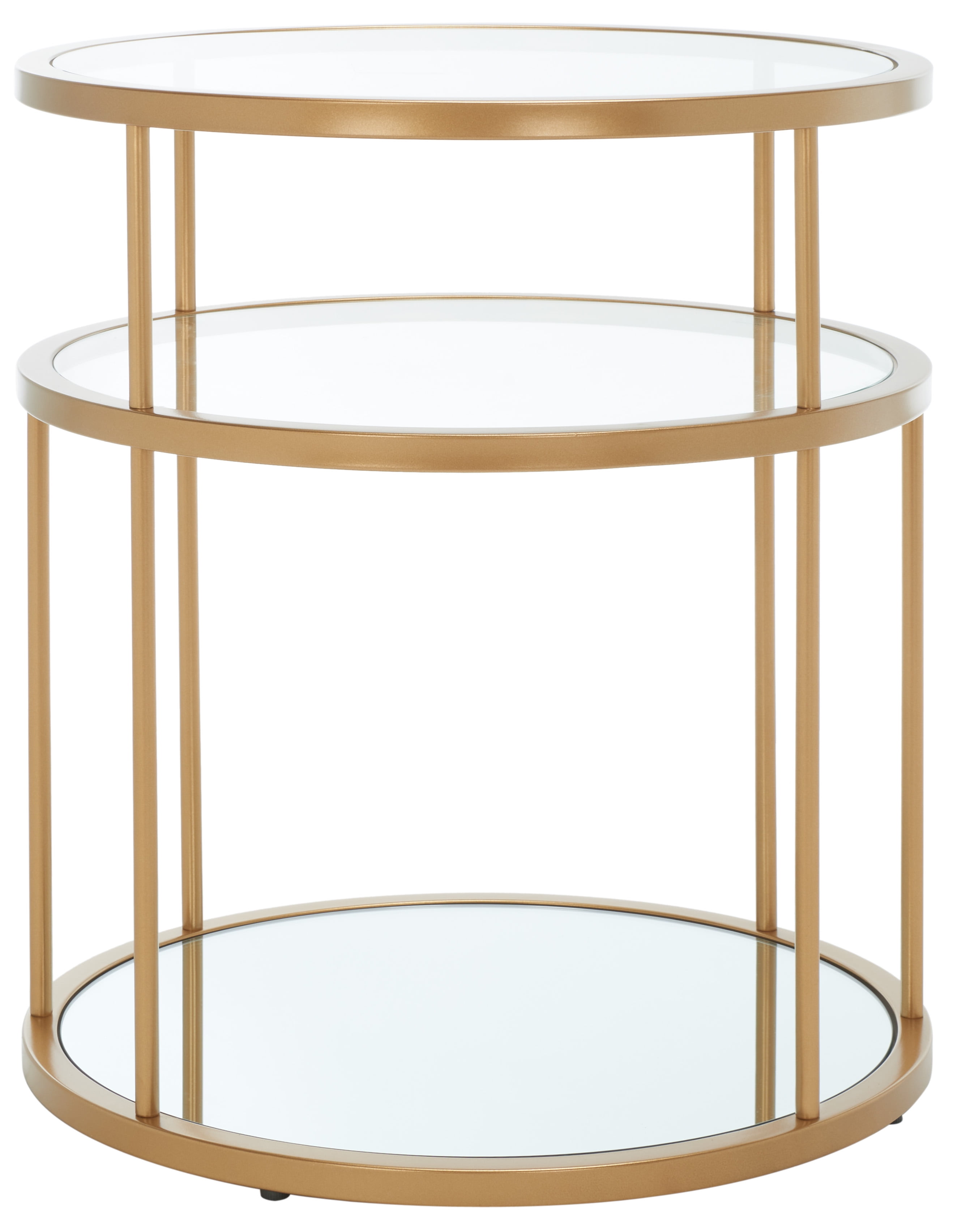 Gold and Clear Round Metal Glass Accent Table with Shelves