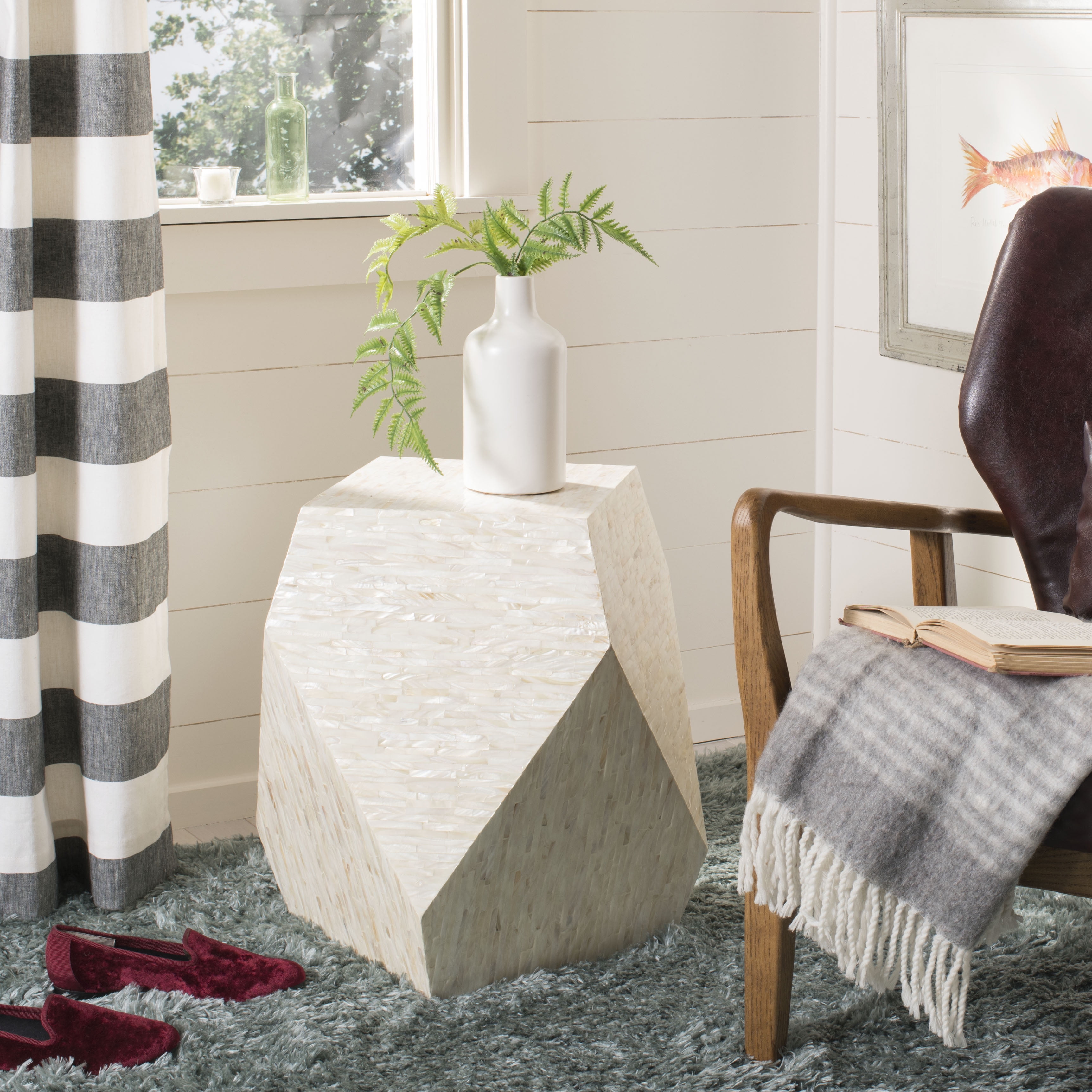 Beige Faux Mother of Pearl Geometric Side Table