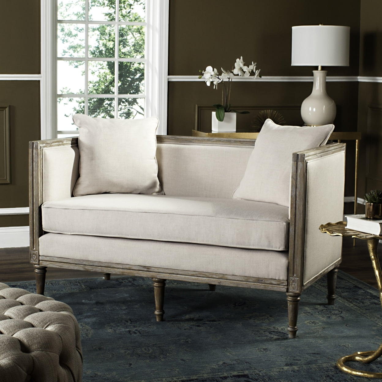 Elegant Beige Linen and Rustic Wood 53" Contemporary Settee