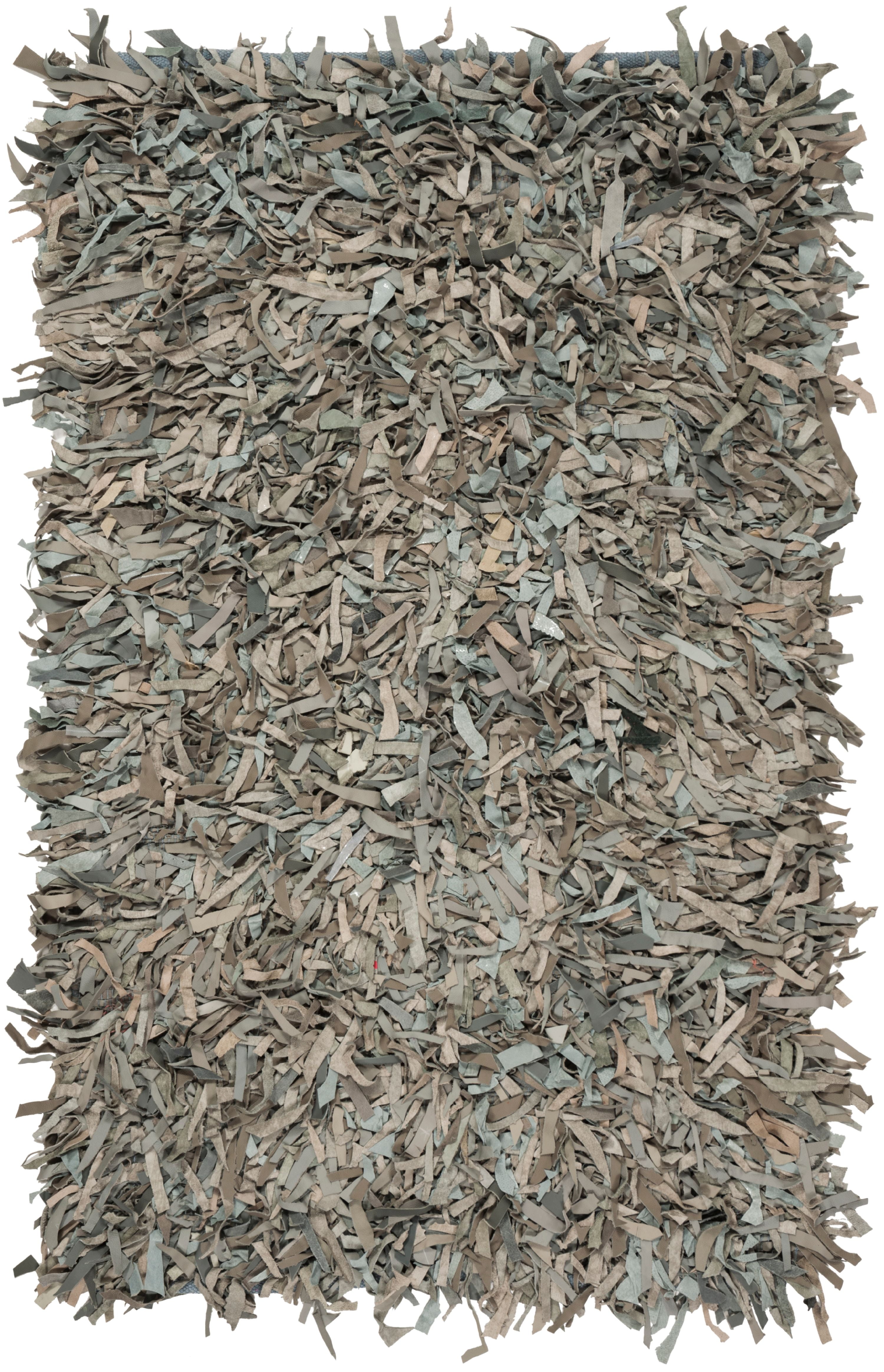 Grey and Beige Hand-Knotted Leather Shag Rug, 3' x 5'