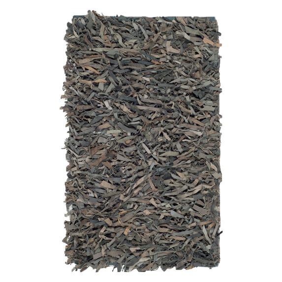 SAFAVIEH Leather Shag Dimitri Solid Area Rug, Grey/Beige, 5' x 5' Round