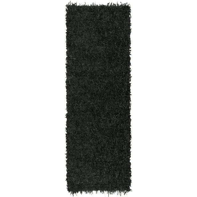 SAFAVIEH Leather Shag Dimitri Solid Runner Rug, Black, 2' x 8'