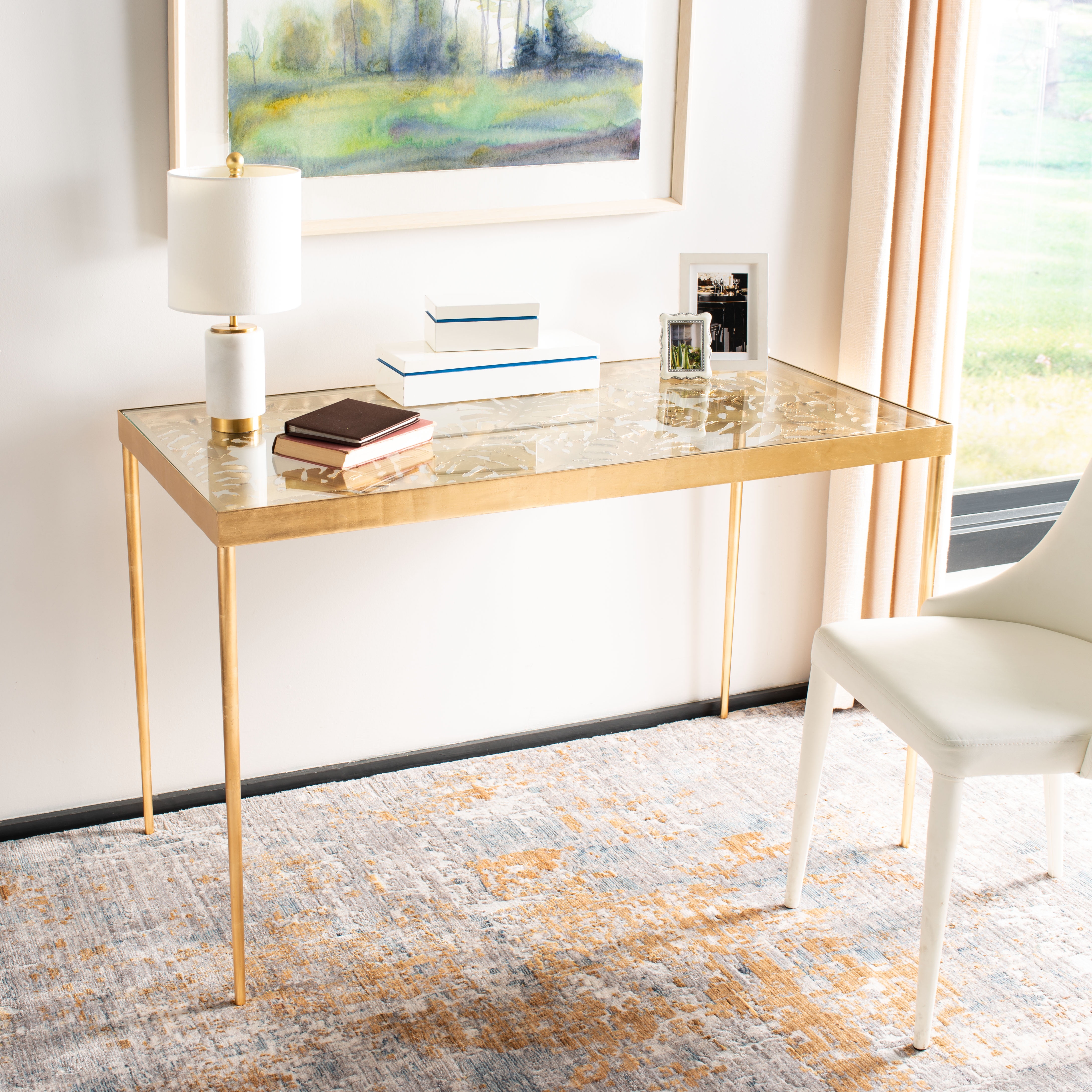 47'' Luxurious Gold Leaf Palm Leaf Glass Home Office Desk