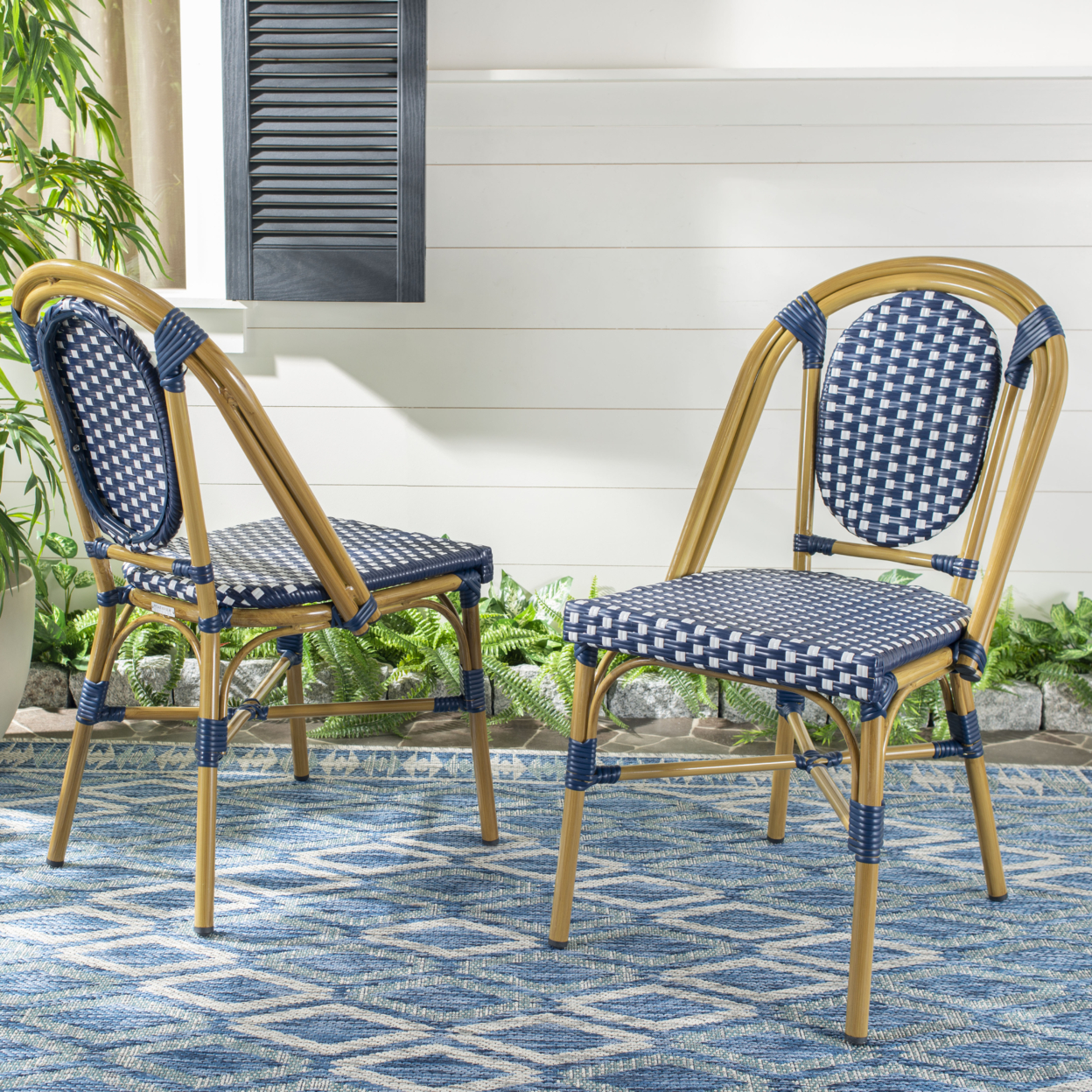 SAFAVIEH Lenda Outdoor Patio French Bistro Stackable Chair, Navy/White/Brown, Set of 2 - image 1 of 7