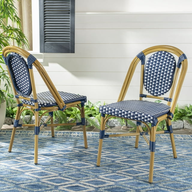 SAFAVIEH Lenda Outdoor Patio French Bistro Stackable Chair, Navy/White/Brown, Set of 2