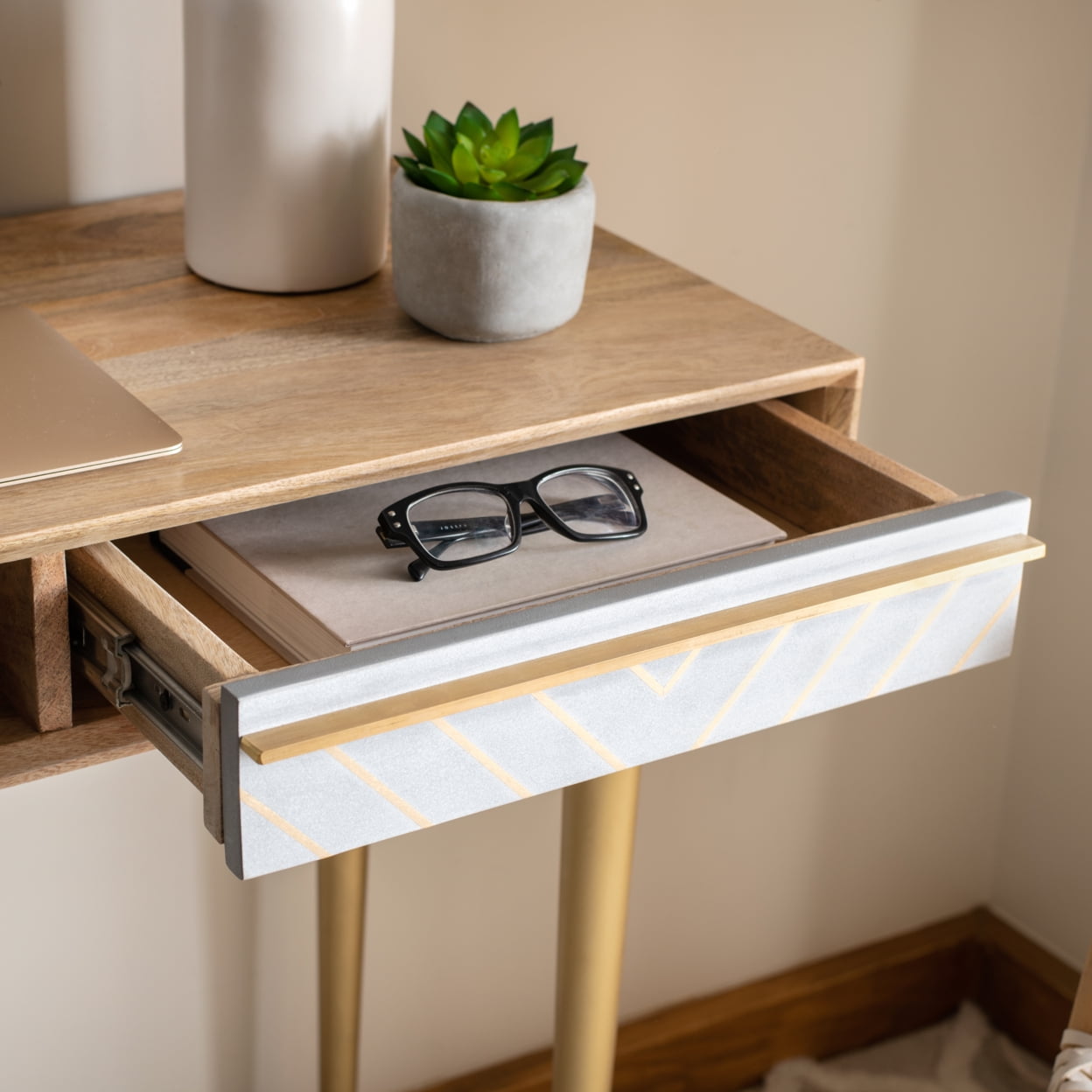 Leni Transitional Home Office Desk with Chevron Brass Inlay
