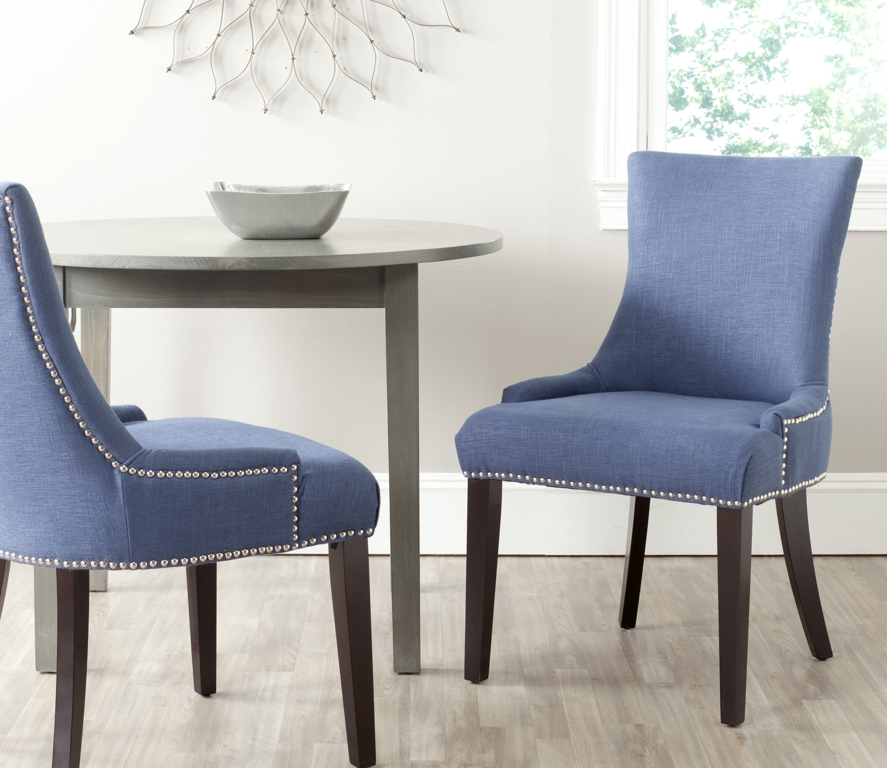 SAFAVIEH Lester 19" H Contemporary Glam Dining Chair, Navy/Espresso, Set of 2