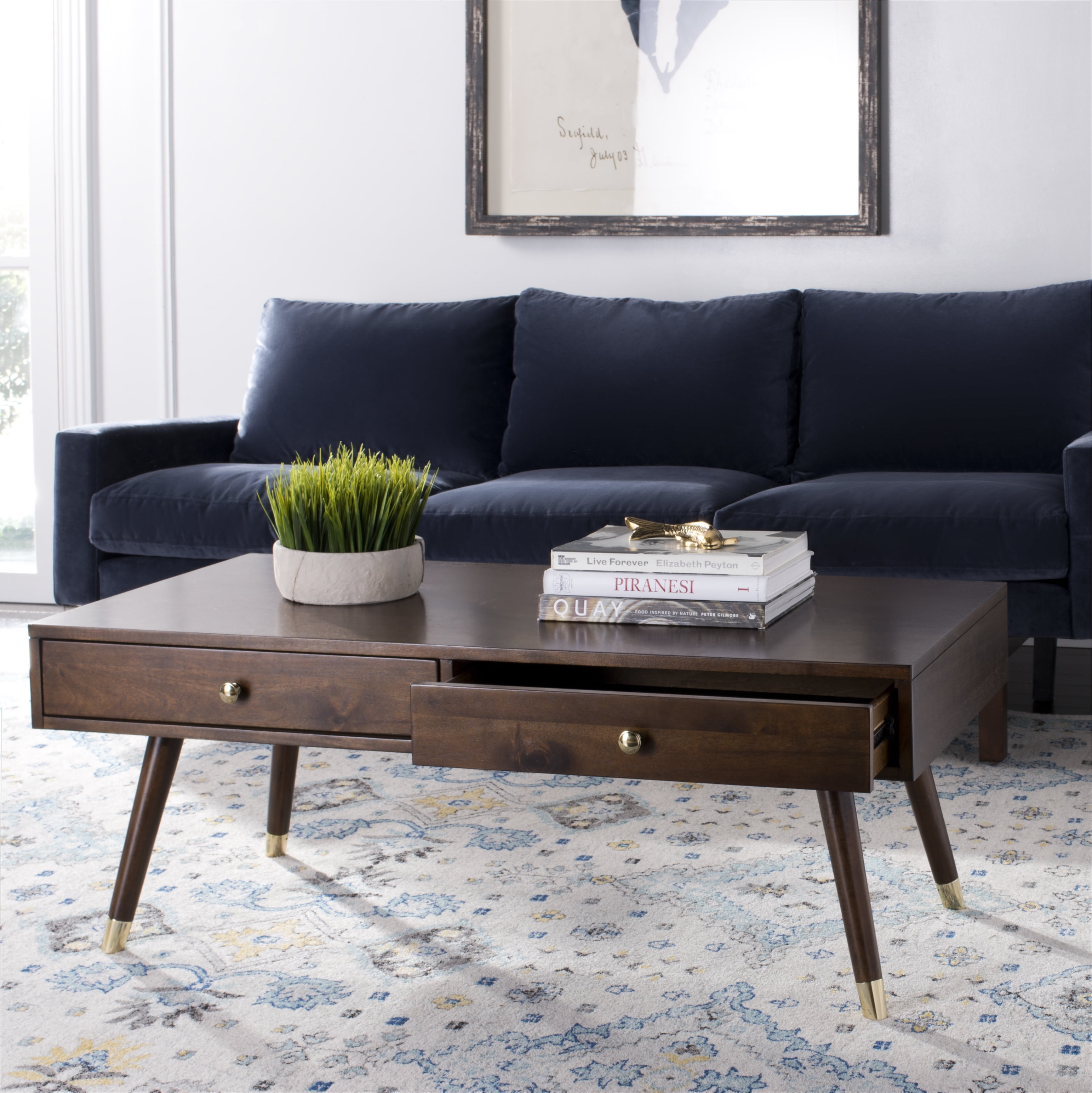 Transitional Mid-Century 48" Brown Wood Coffee Table with Gold Caps