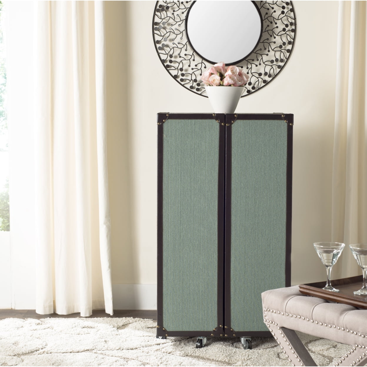 Sage Linen and Vegan Leather Industrial Beverage Cabinet