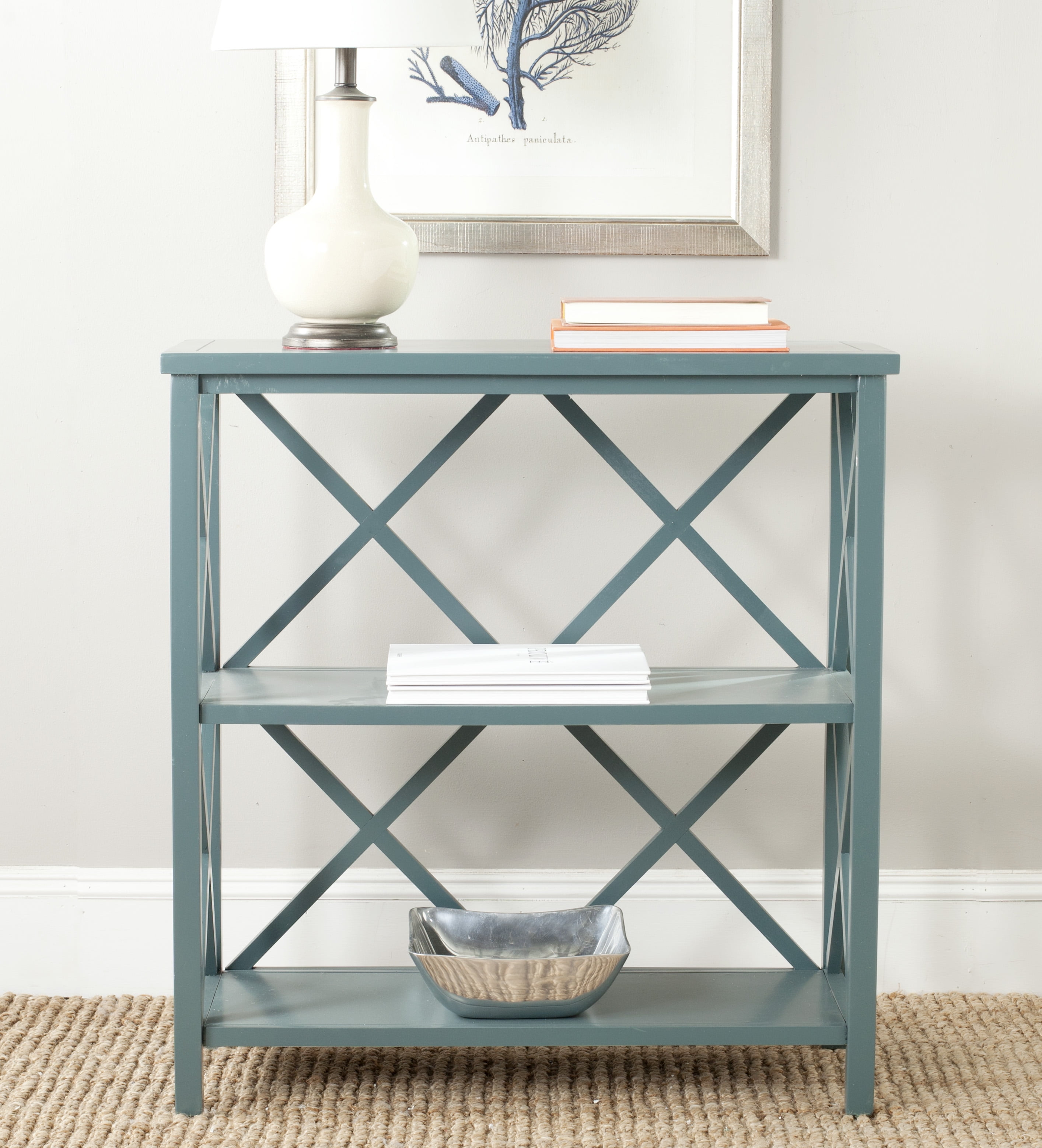 Transitional Liam 2-Tier Open Bookcase in Slate Teal