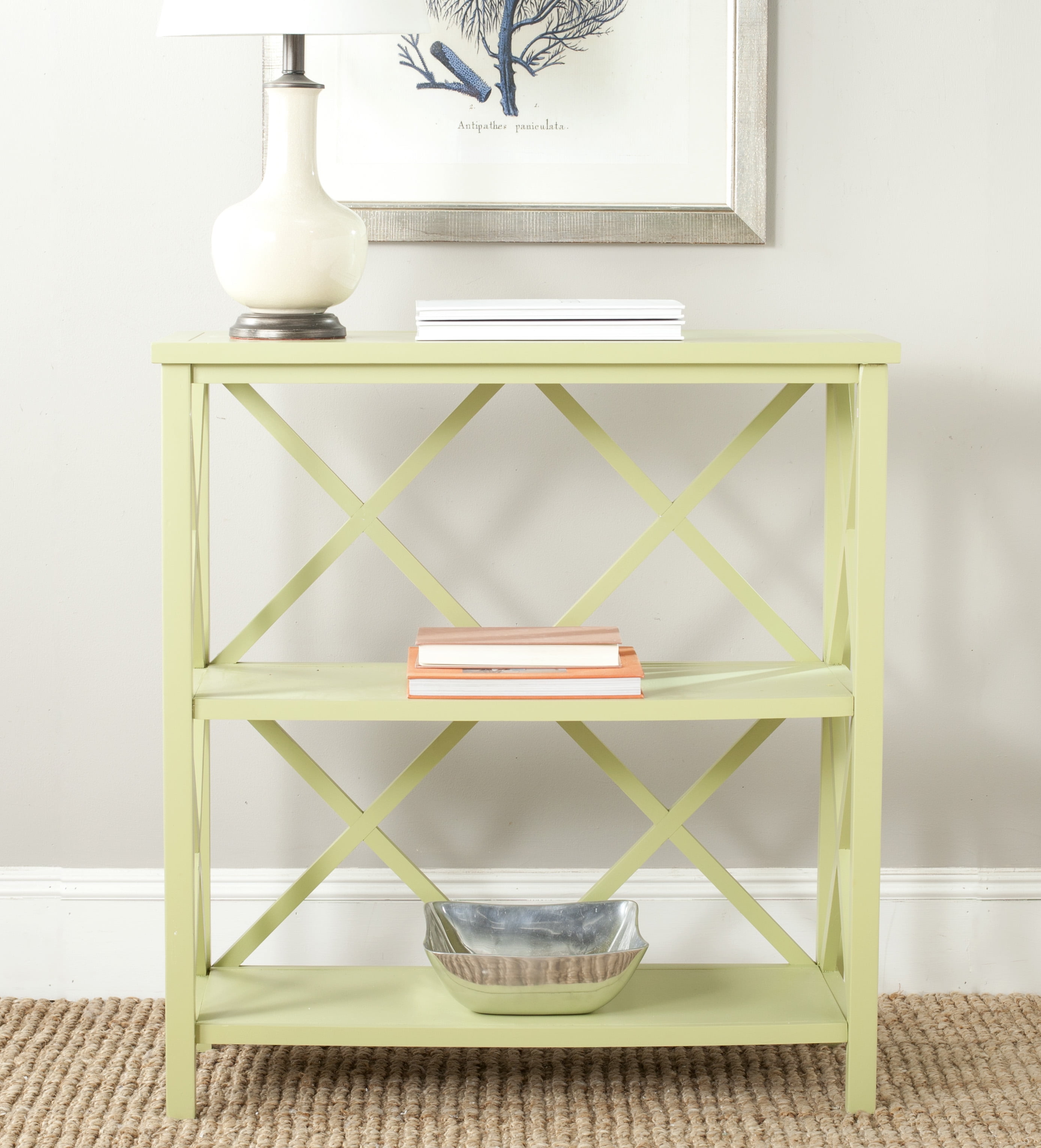 SAFAVIEH Liam Duo X-Back 2 Tier Open Bookcase, Split Pea
