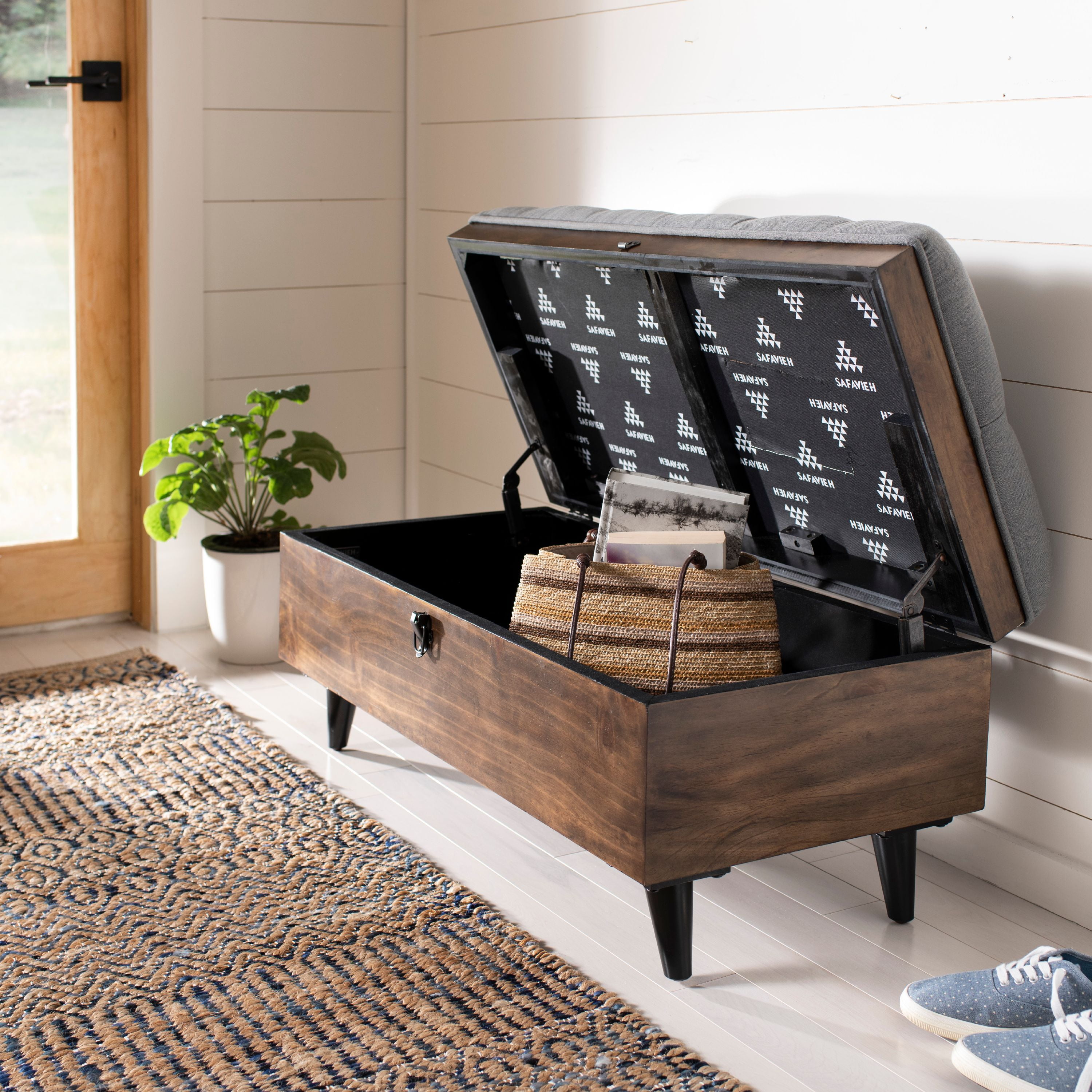 Transitional Tufted Cocktail Ottoman in Grey Linen & Dark Oak