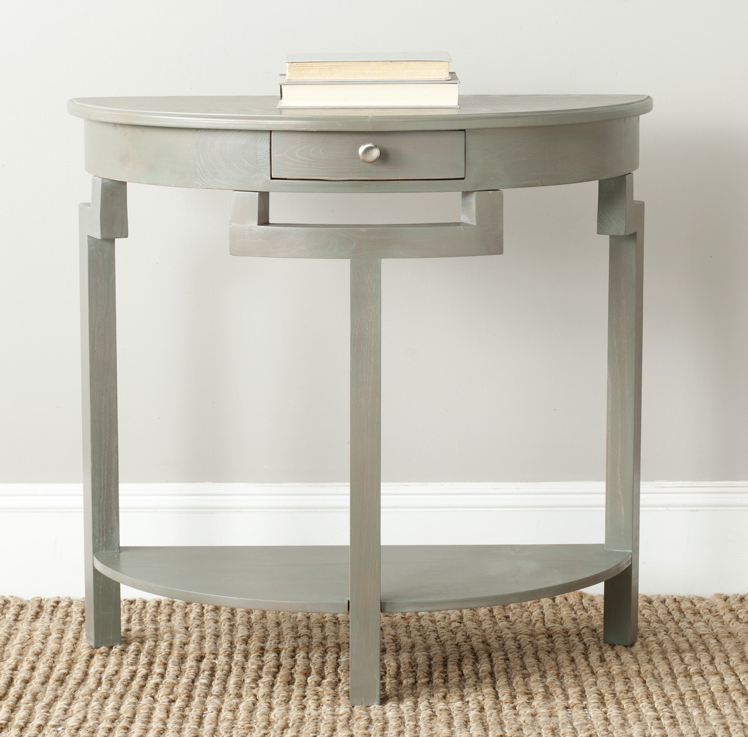 Transitional French Grey Demilune Console with Storage