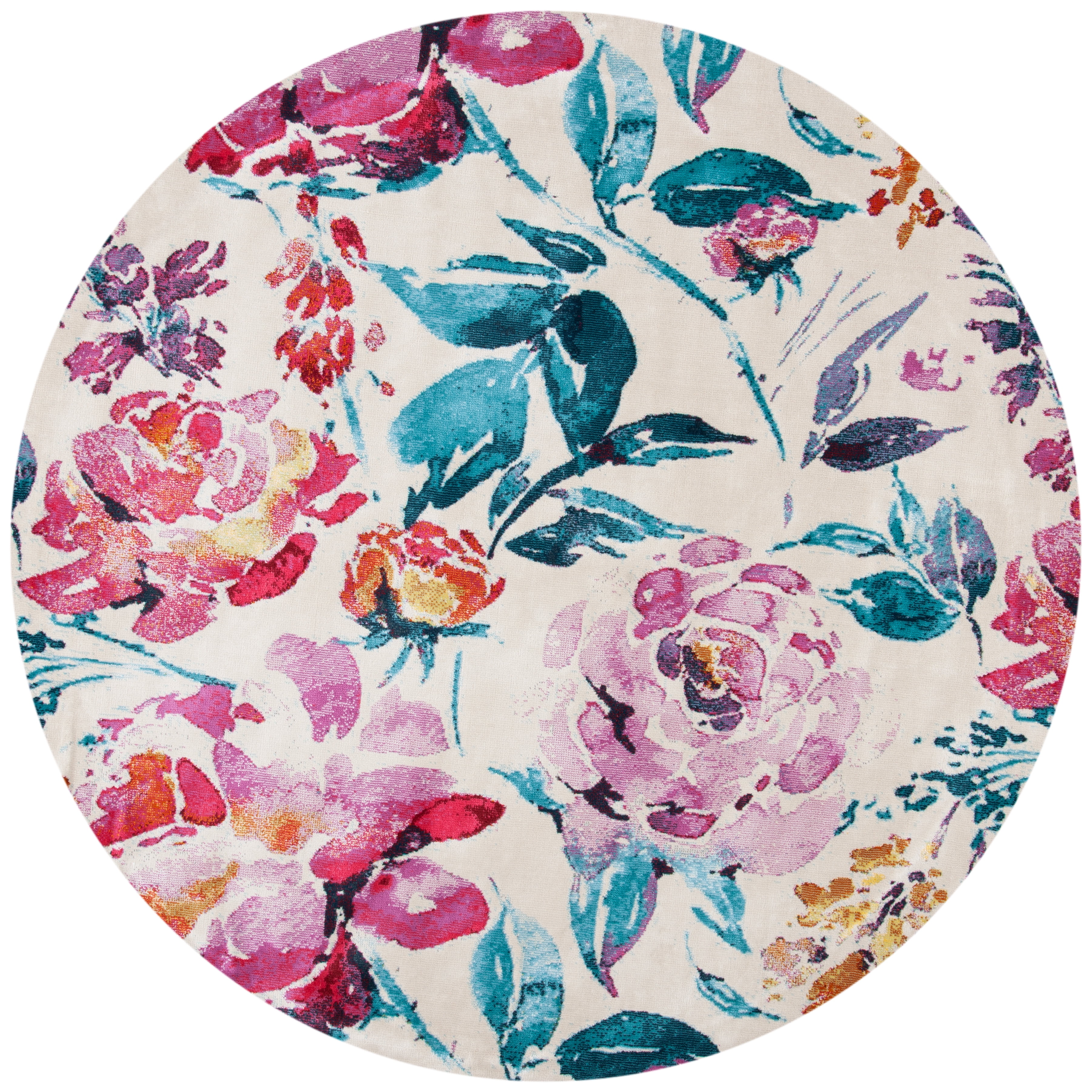 Lillian Round Ivory Floral Synthetic Easy Care Rug