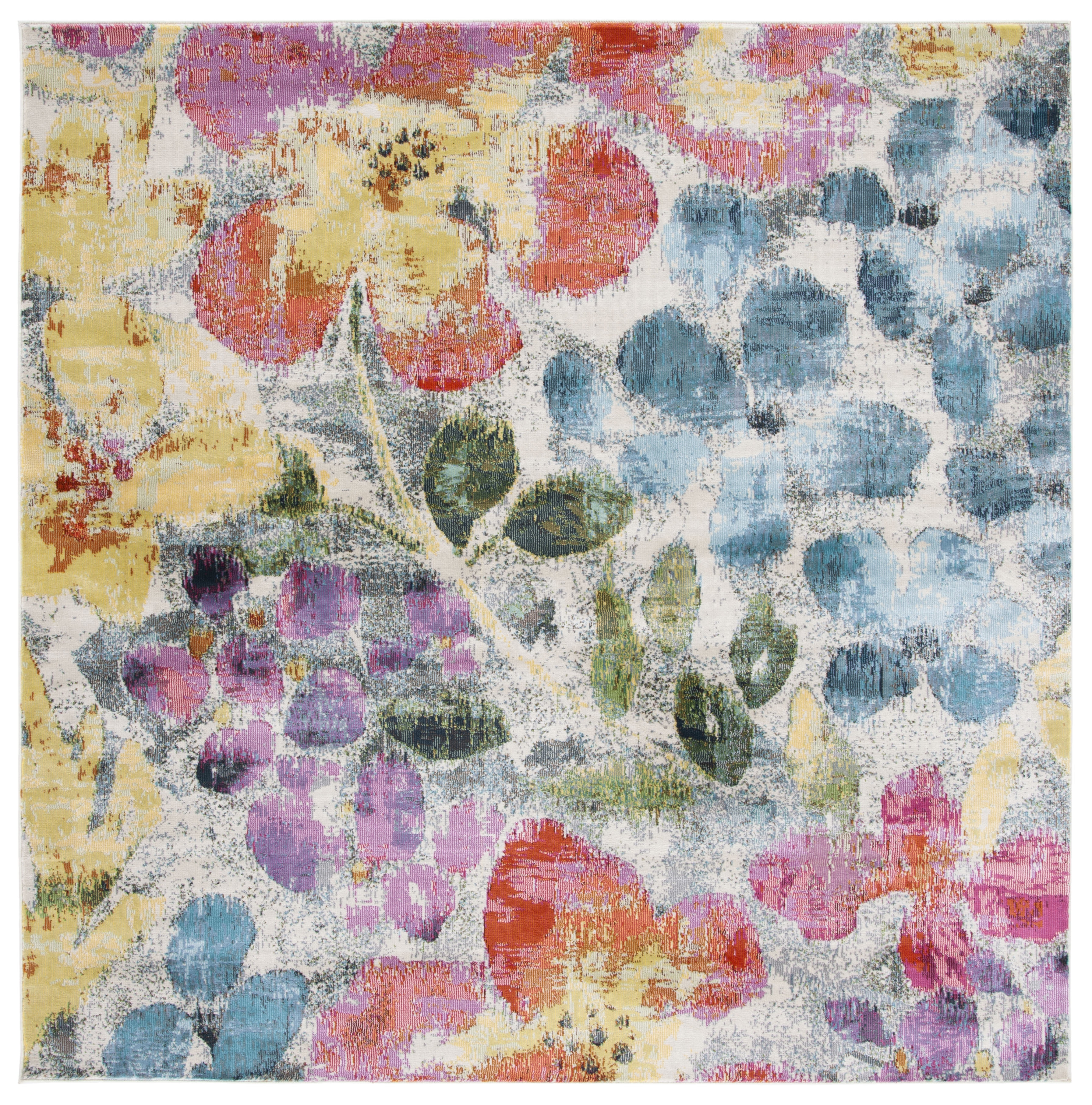 Lillian Square Blue Floral Easy-Care Stain-Resistant Rug