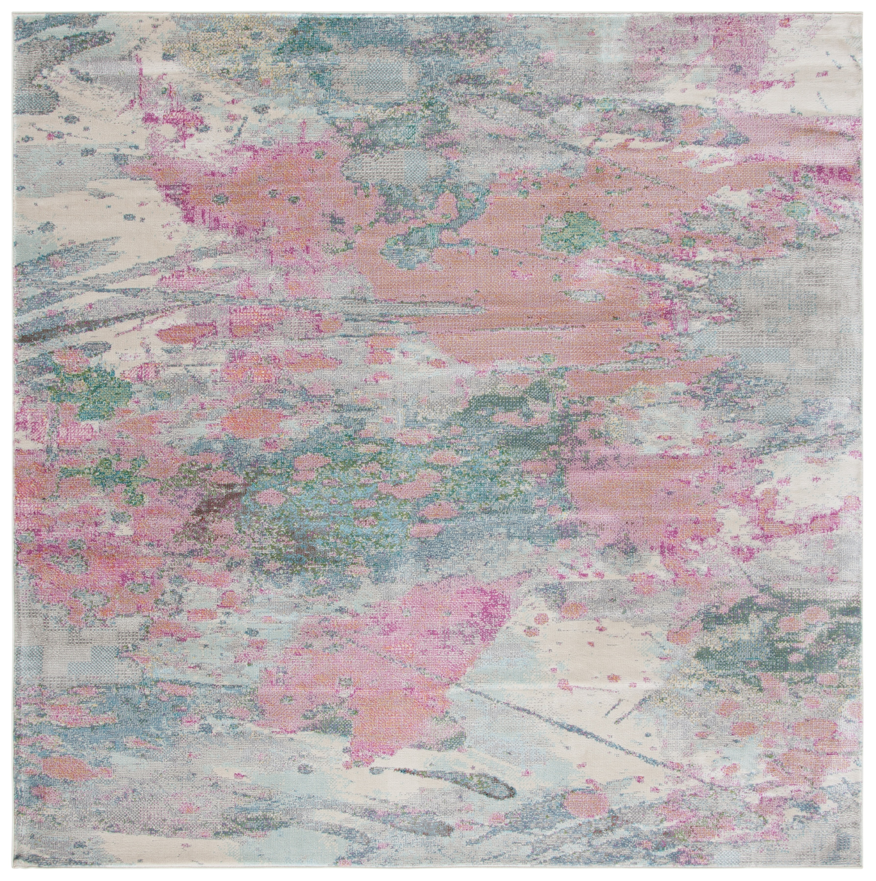 Ivory and Pink Floral Hand-Knotted Square Rug