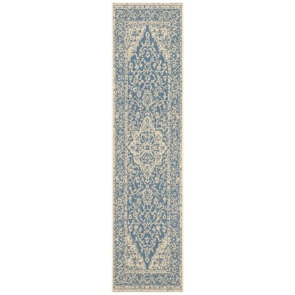 SAFAVIEH Linden Andreas Medallion Indoor/Outdoor Runner Rug, Blue/Creme, 2'2" x 6'