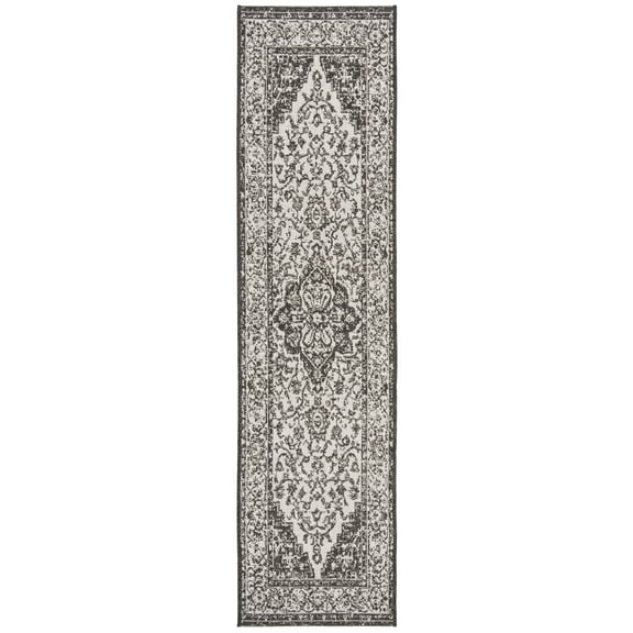 SAFAVIEH Linden Andreas Medallion Indoor/Outdoor Runner Rug, Light Grey/Charcoal, 2'2" x 10'