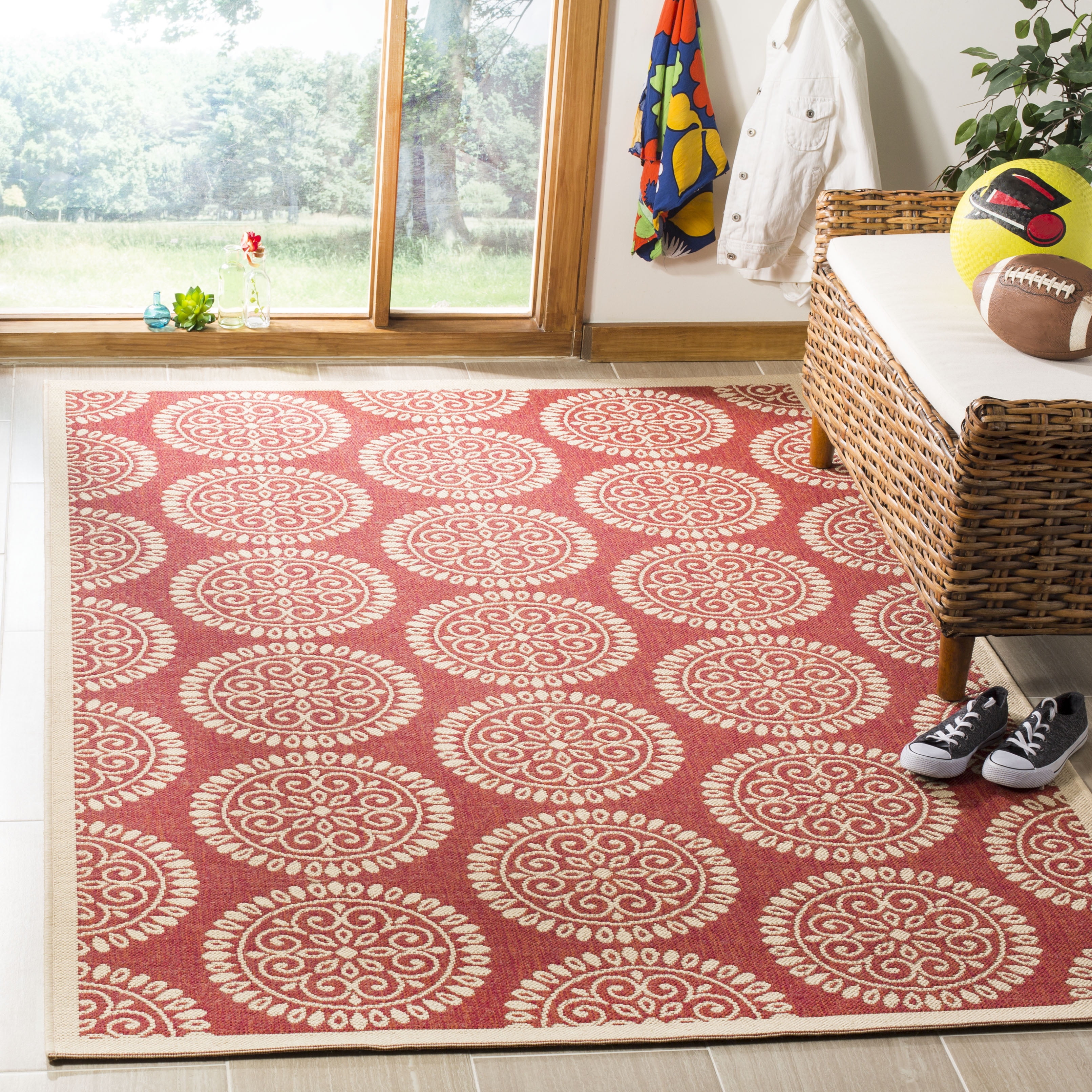 Red and Cream Geometric Flat Woven Area Rug, 5'1" x 7'6"