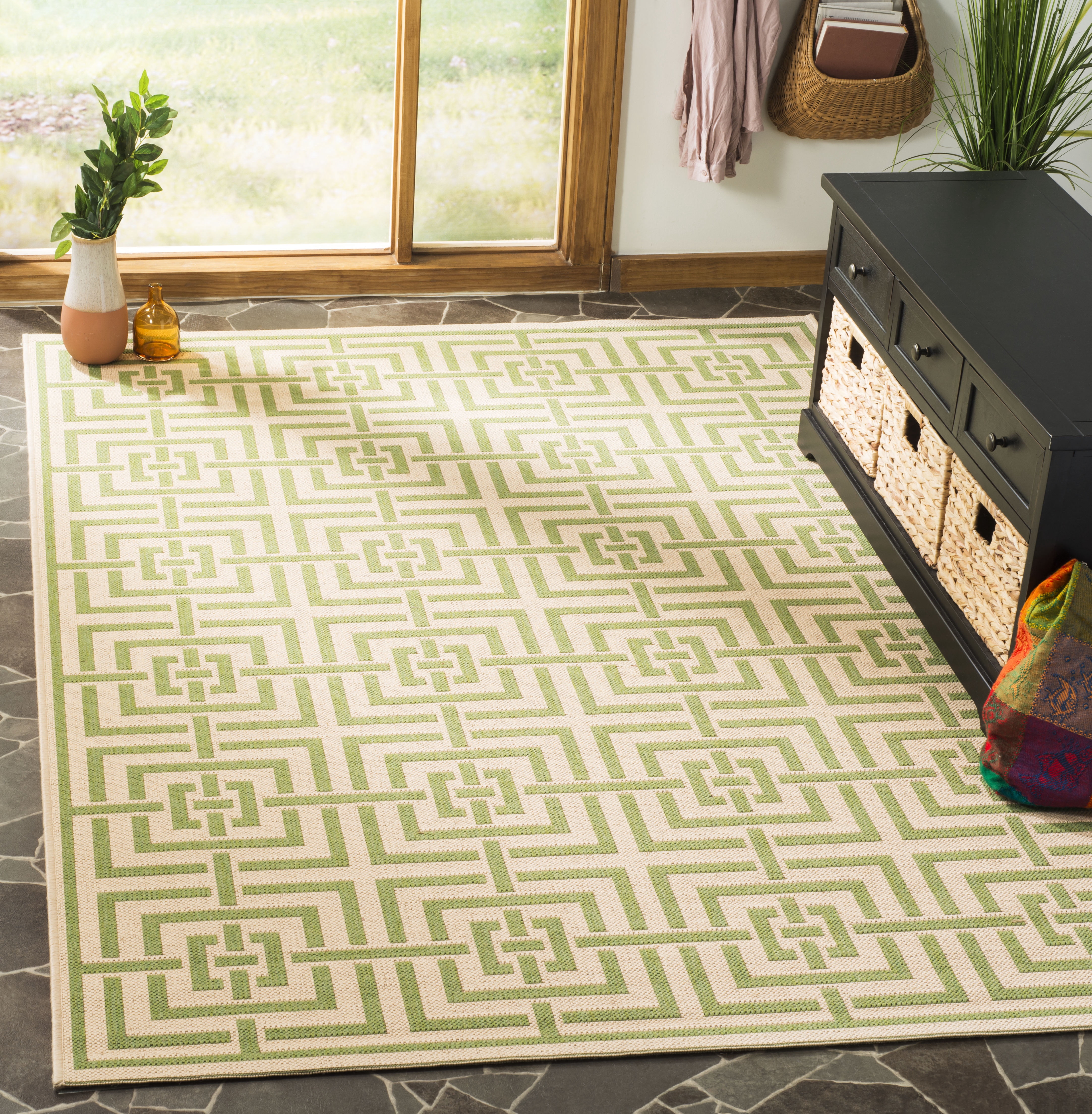 Safavieh Linden Derbhile Geometric Indoor/Outdoor Area Rug, Cream/Olive, 5'3" x 7'6"