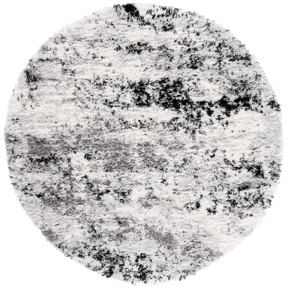 SAFAVIEH Lindsay Edna Distressed Polyester Shag Area Rug, Grey/Black Ivory, 6'7" x 6'7" Round