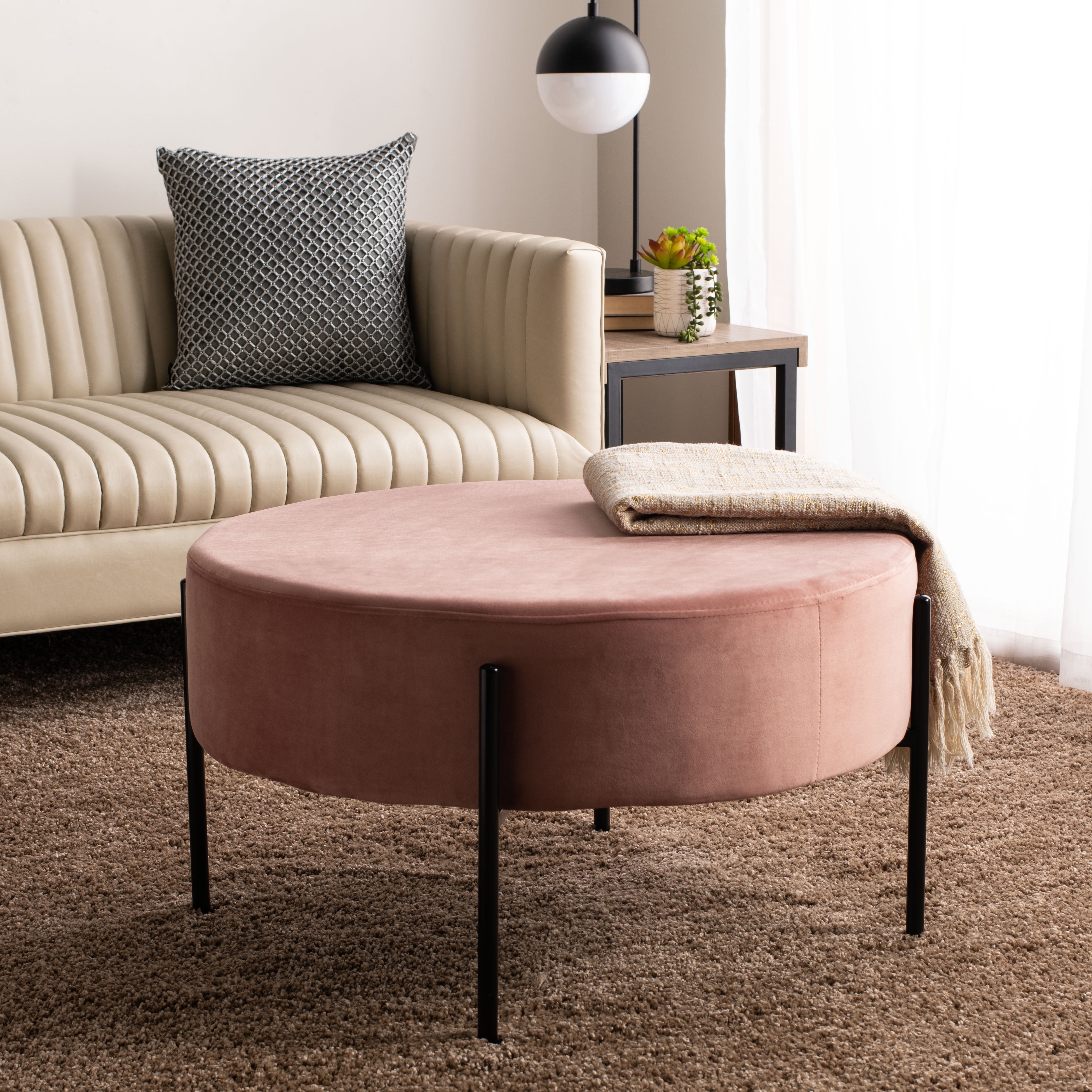 Dusty Rose Velvet Round Cocktail Ottoman with Matte Black Legs