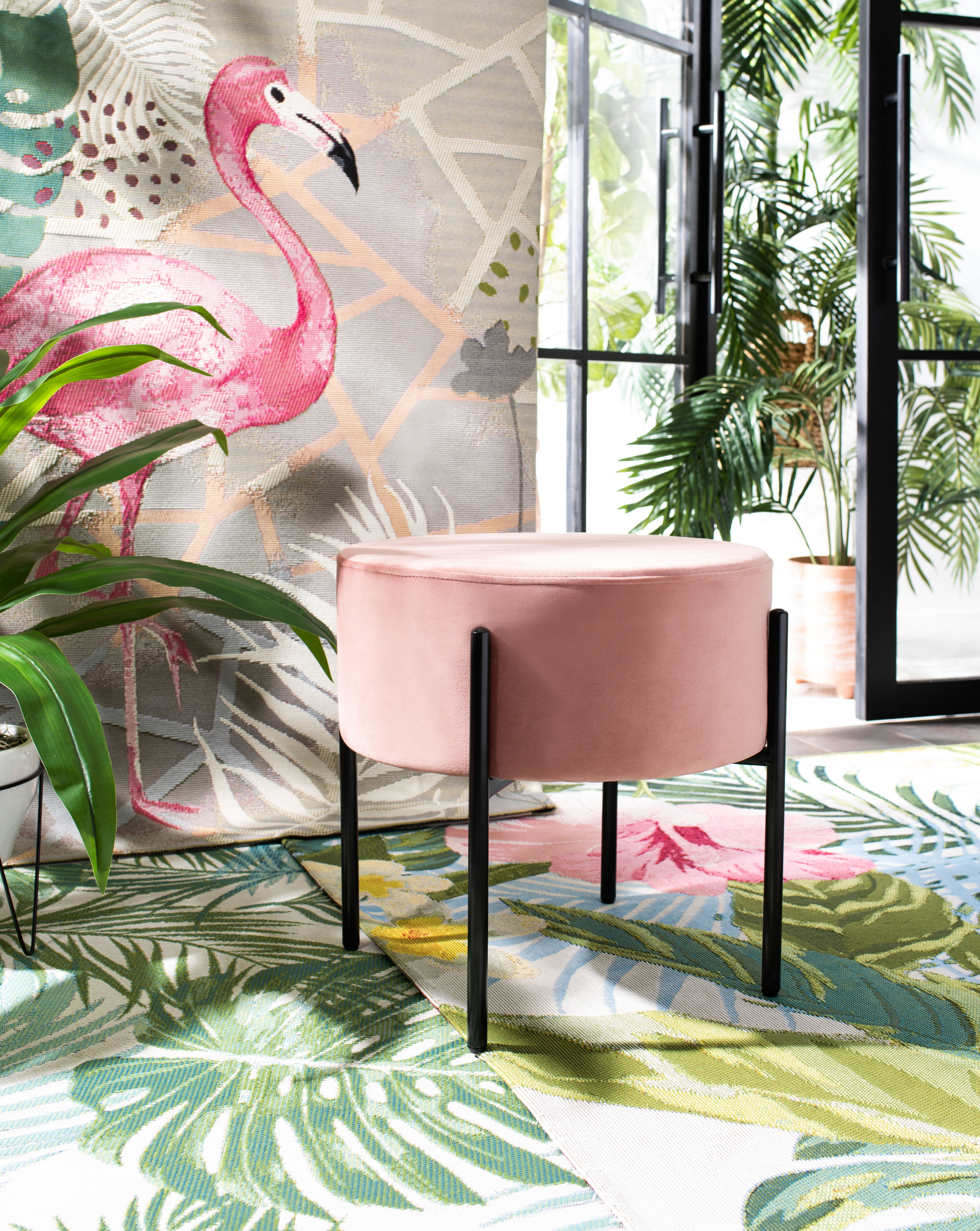 Lisbon 20" Dusty Rose Velvet Round Ottoman with Black Metal Legs