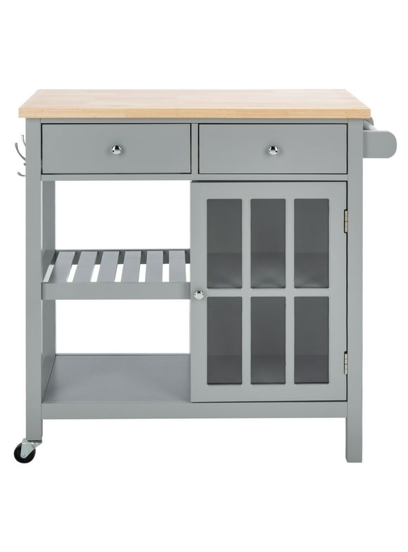 SAFAVIEH Locklyn 1 Door 2 Drawer 2 Shelf Kitchen Cart, Grey/Natural (33.5 in. W x 16.9 in. D x 35 in. H)