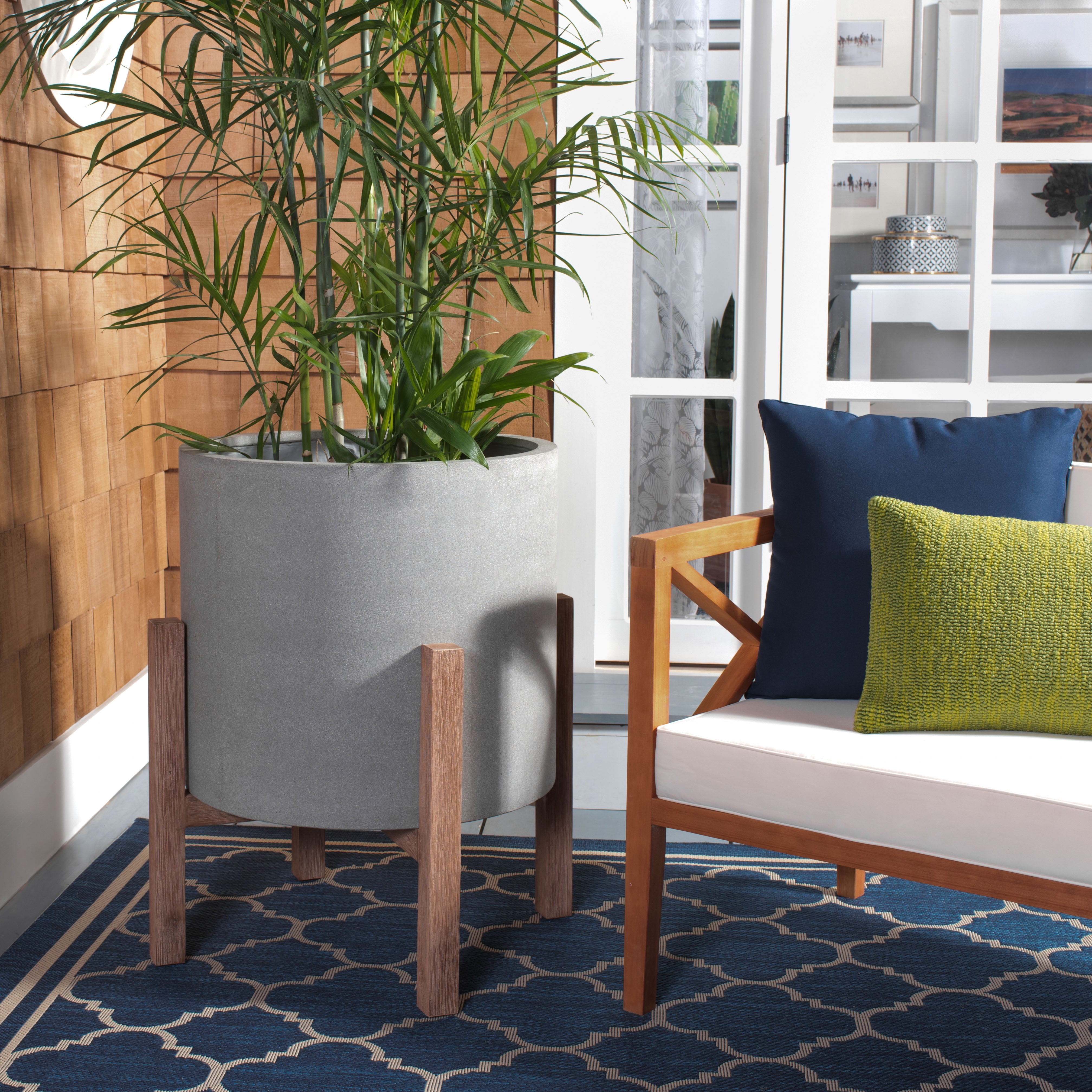 Loflen 30" Natural Wood and Light Grey Concrete Outdoor Planter