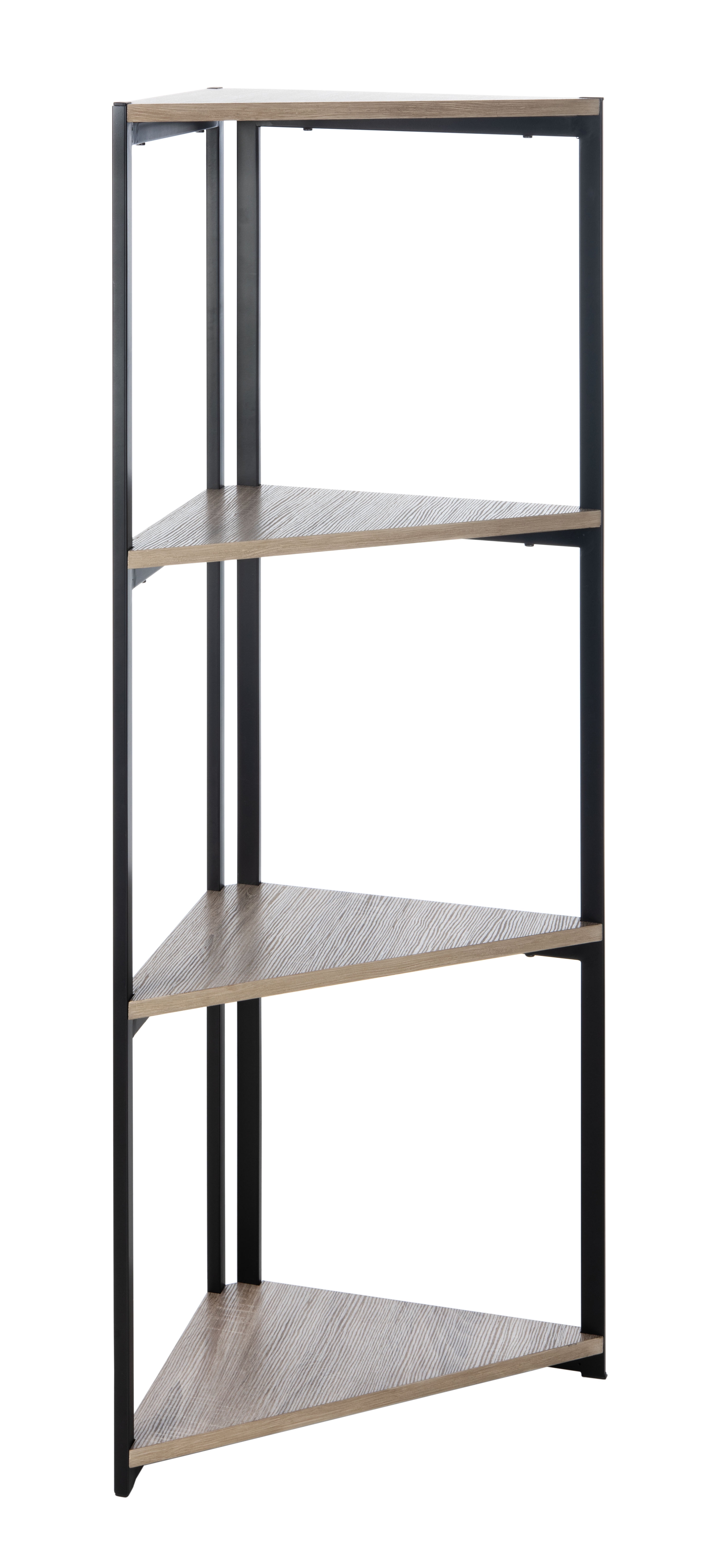 Logan Light Gray Oak and Black Iron 4-Tier Corner Bookshelf