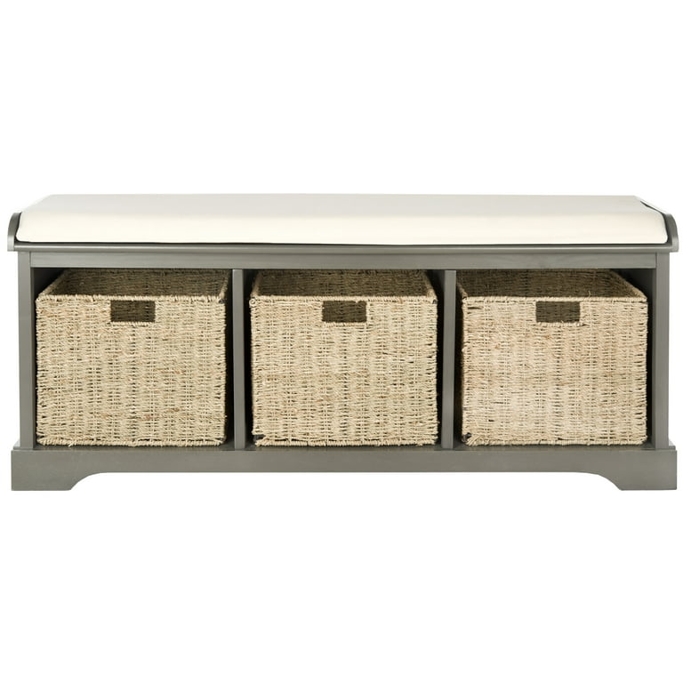SAFAVIEH Lonan 3 Wicker Basket Storage Bench with Cushion Top Grey White