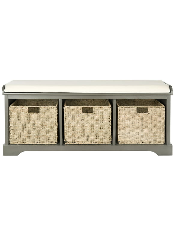 SAFAVIEH Lonan 3 Wicker Basket Storage Bench with Cushion Top, Grey/White