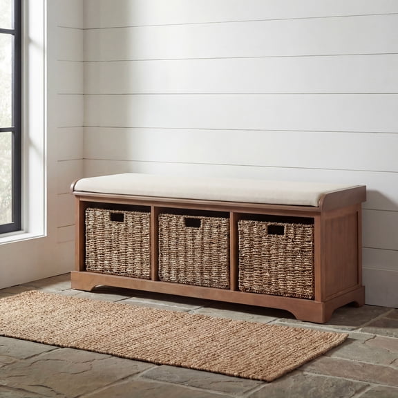 SAFAVIEH Lonan 3 Wicker Basket Storage Bench with Cushion Top, Walnut/White