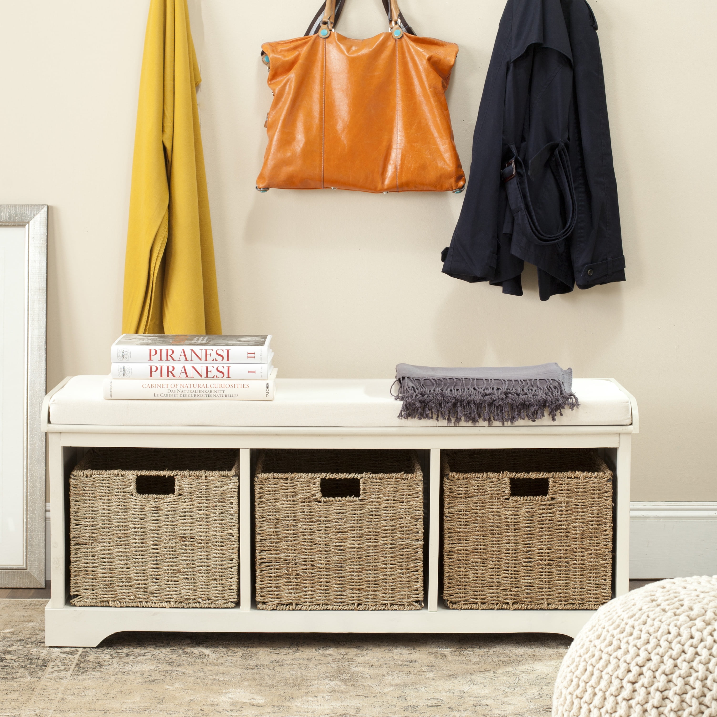 White Pine Storage Bench with Wicker Baskets and Cushion