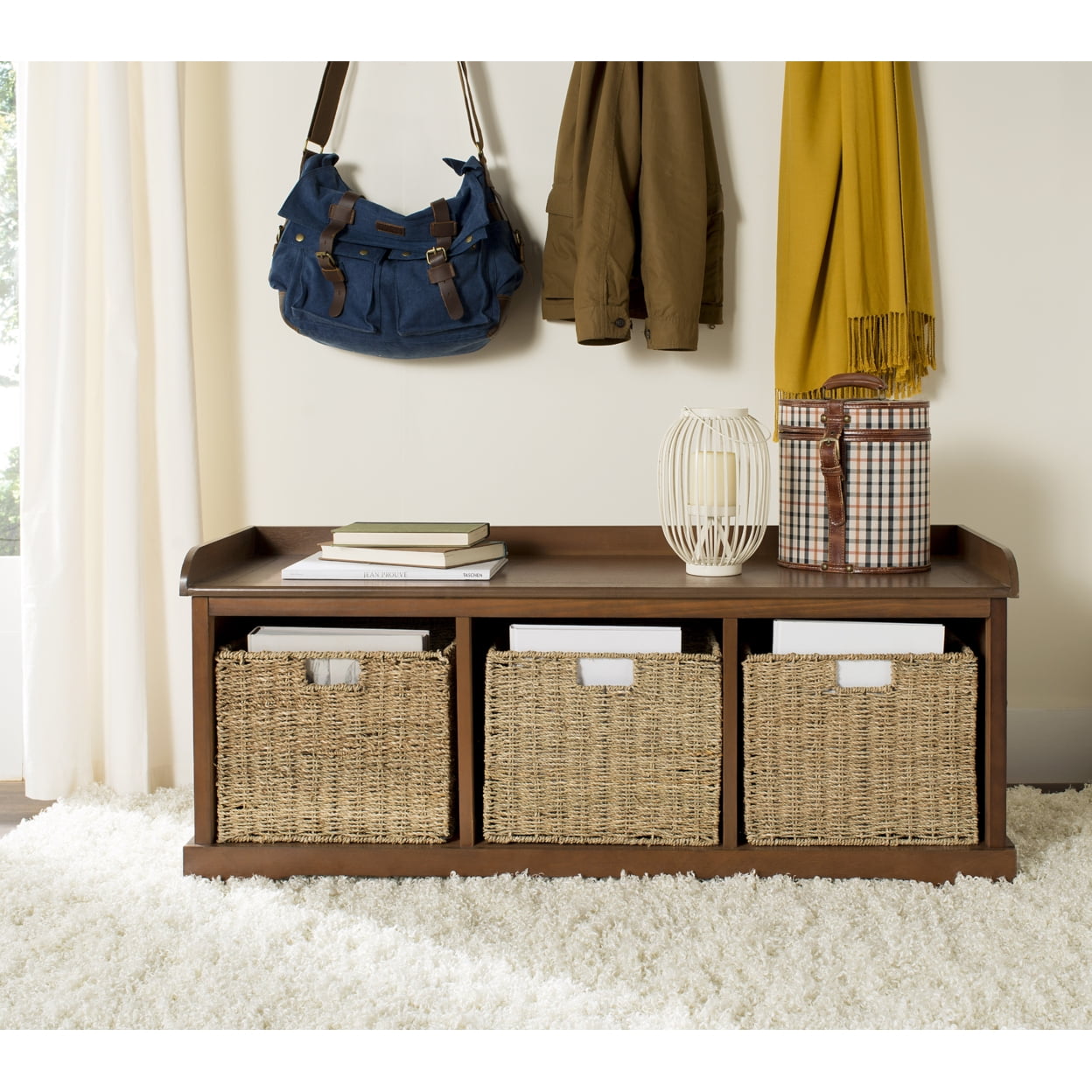 Transitional Pine and Wicker Storage Bench in Brown/White