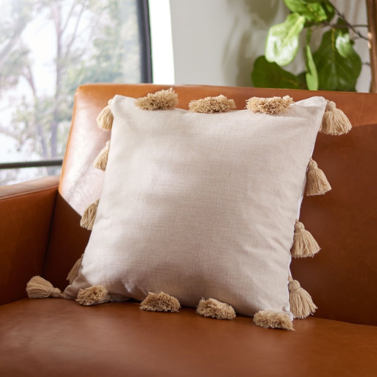 Beige Square Tassel Fringe Throw Pillow