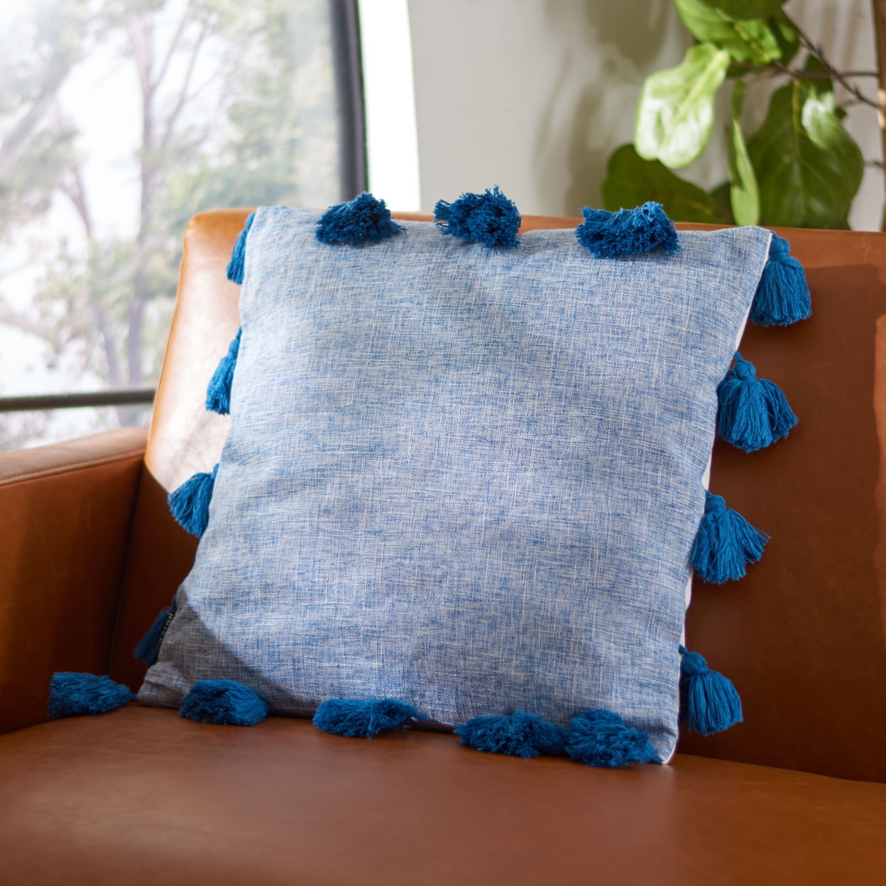 Blue Square Cotton Pillow with Tassel Fringe