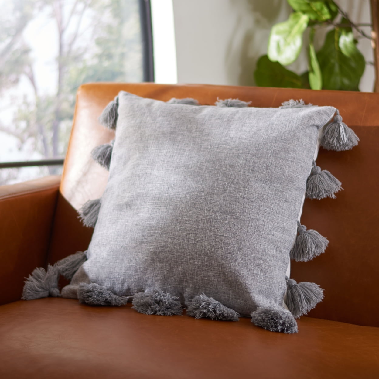 Gray Square Tassel Fringe Decorative Pillow