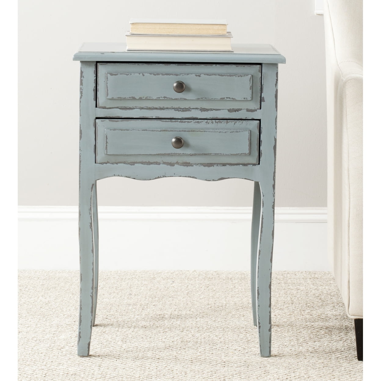 Lori Transitional Slate Blue Pine Wood End Table with Storage