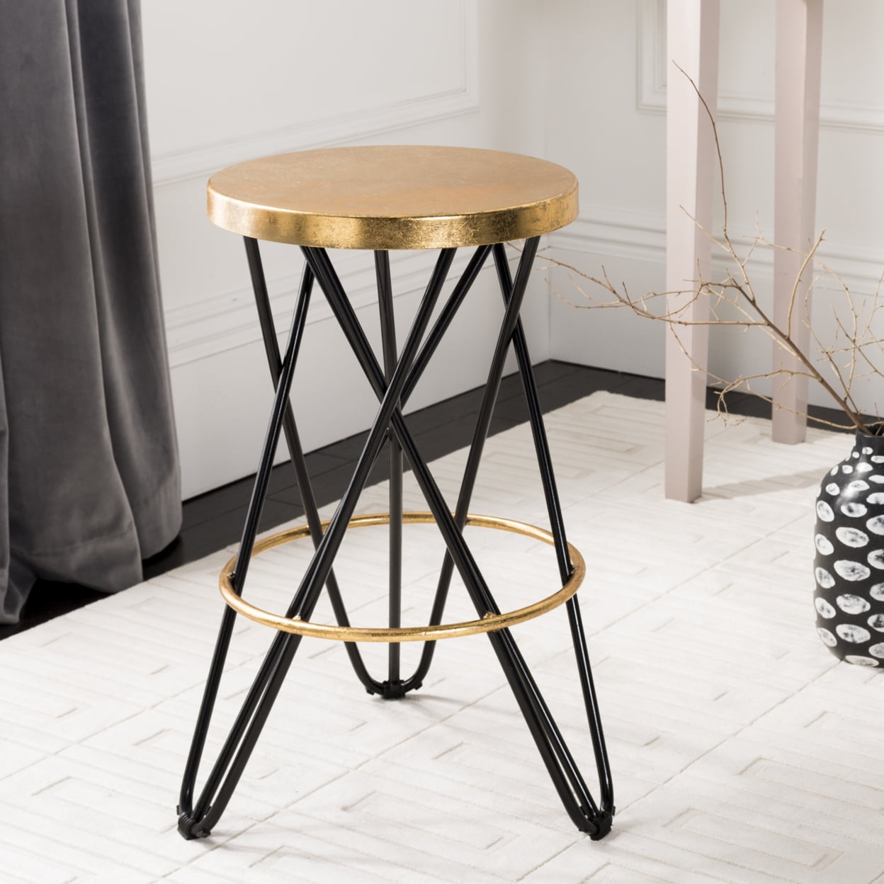 Navy and Gold Metal Backless Counter Stool with Hairpin Legs