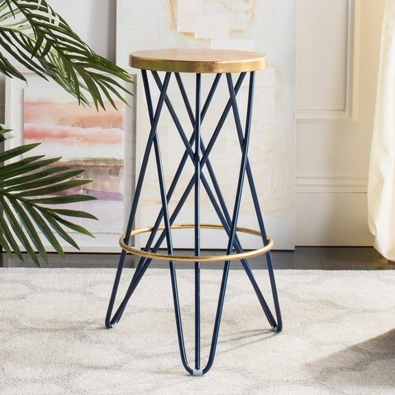 SAFAVIEH Lorna Mid-Century Retro Gold Top Leaf Bar Stool, Navy